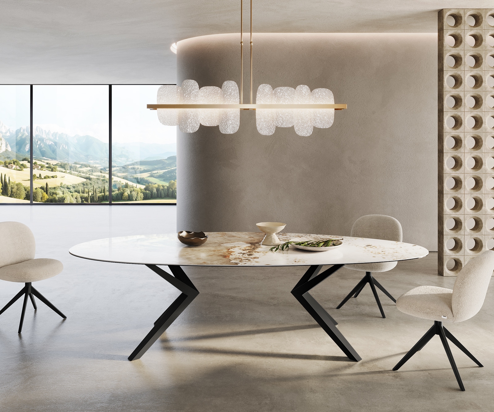 Esstisch Edge Oval 280x130 Keramik Minas Melange Weiß-Beige Zenthara kantig Metall Schwarz 1