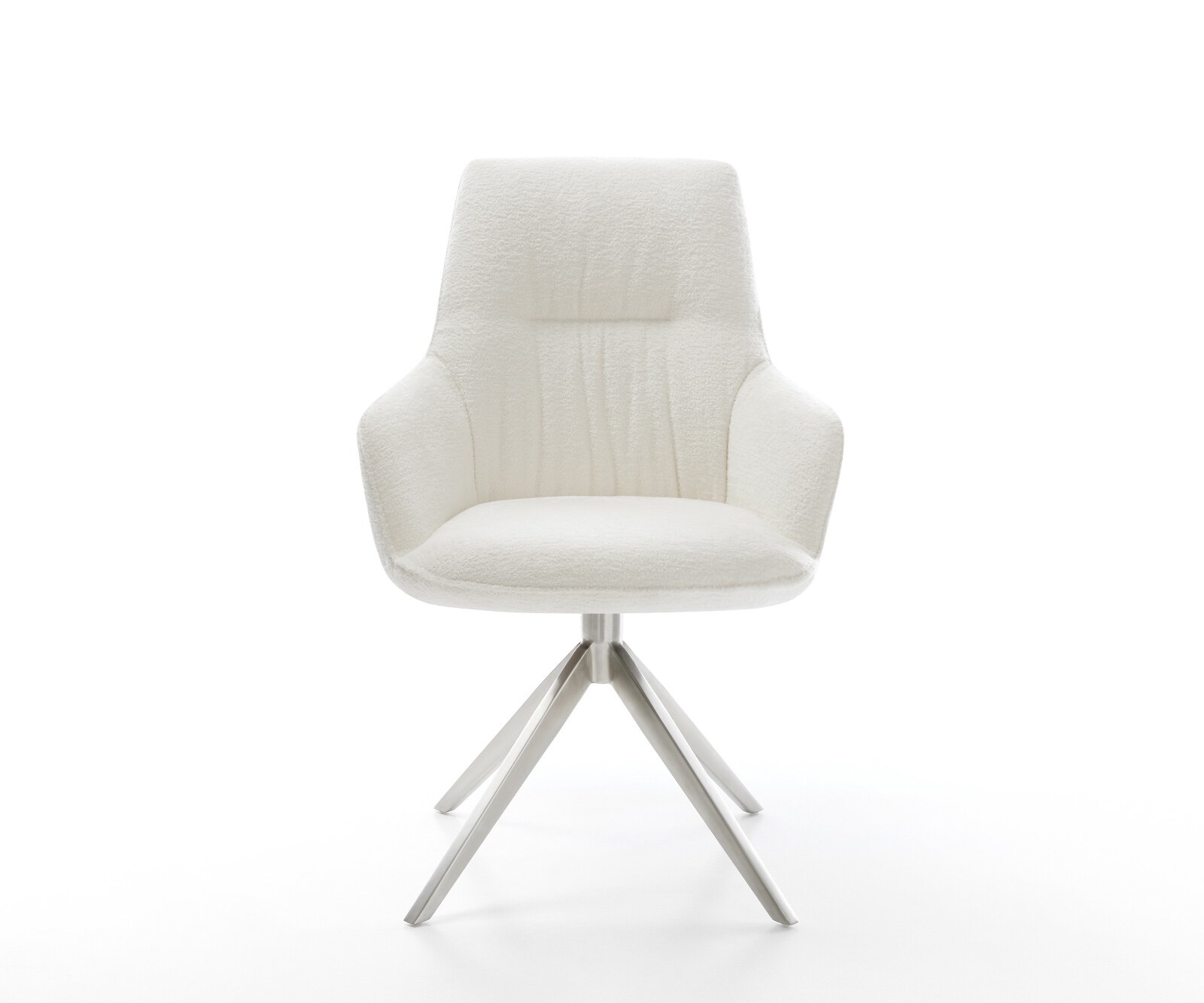 Drehstuhl Zelia-Flex mit Armlehnen Bouclé Soft Beige Kreuzgestell breit Edelstahl 360° drehbar Wippfunktion Taschenfederkern 1