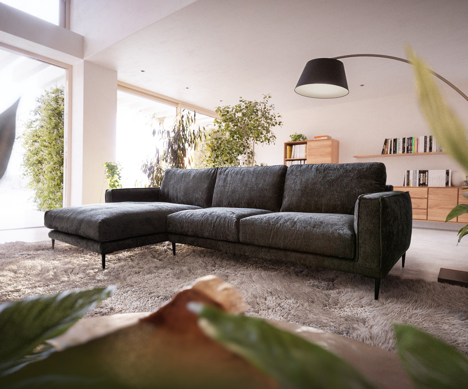 Ecksofa Sottil 290 x 165cm Chenille Anthrazit Recamiere links 1