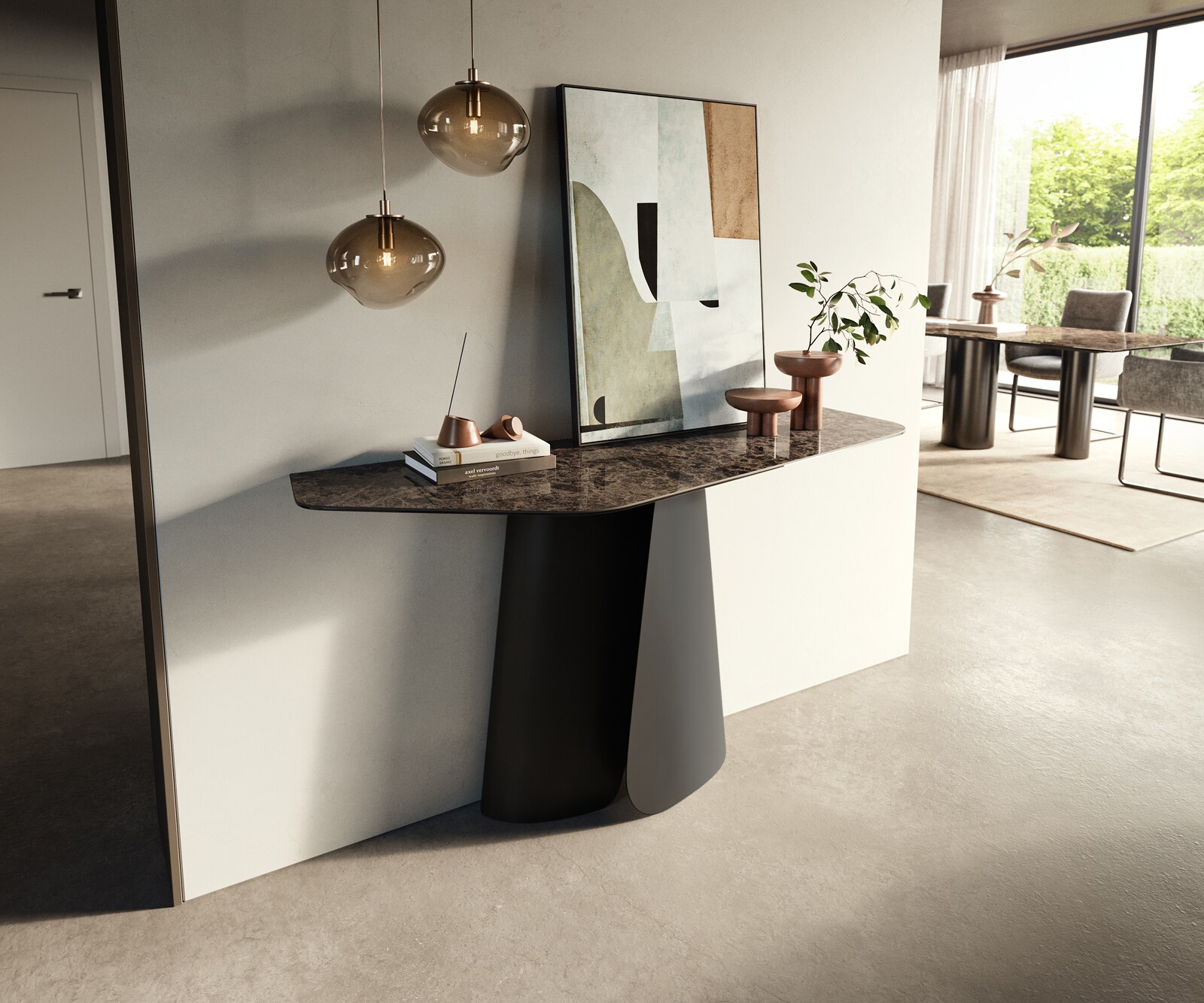 Konsolentisch Edge Polygonal 140x50 cm Keramik Emperador Extra Lucidato Dunkelbraun Livos Metall Schwarz 3