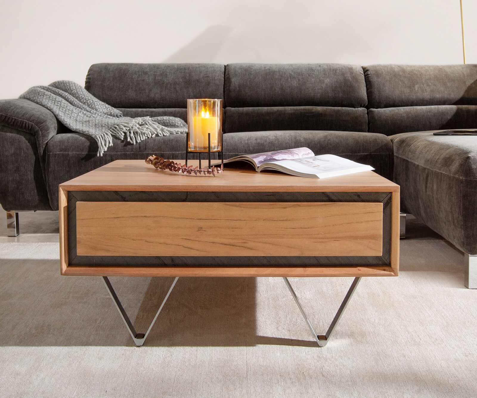 Couchtisch Stonegrace 80x60 cm Akazie Natur 2 Schubladen Steinfurnier 1
