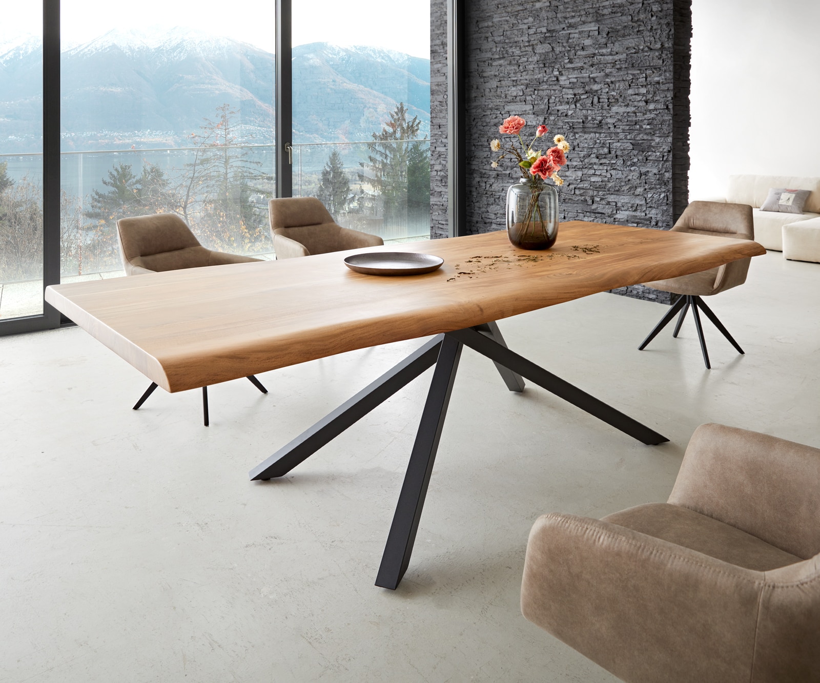 Table à manger Edge 260x100 XL acacia nature cadre croisé rectangle noir Live-Edge