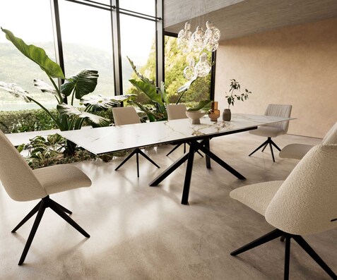 Esstisch Edge 200-300x100 Keramik Calacatta Luxe Weiß-Gold-Grau Kreuzgestell Rechteck Schwarz ausziehbar