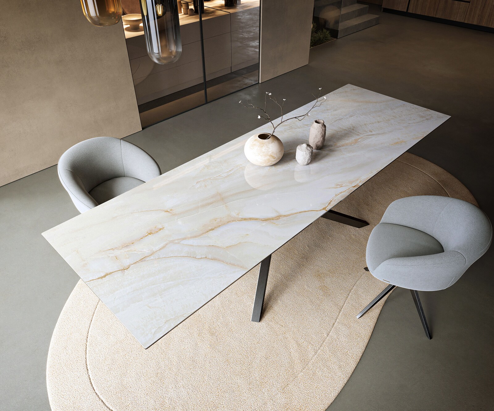 Esstisch Edge 300x100 cm Keramik Onyx Pearl Kreuzgestell Rechteck Edelstahl Graphit 3