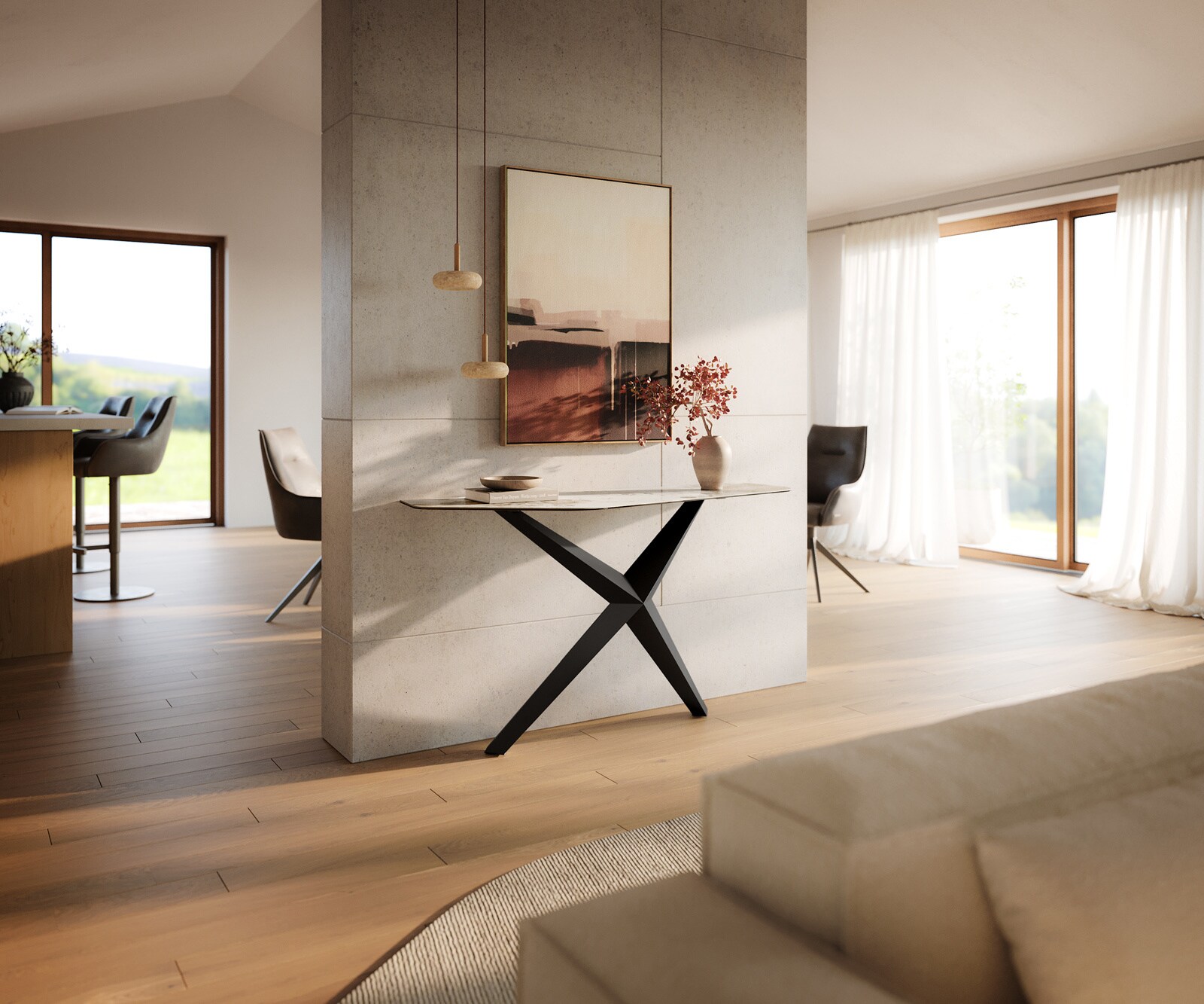 Konsolentisch Edge Polygonal 140x50 cm Keramik Minas Melange Weiß-Beige Zentharo Metall Schwarz 6
