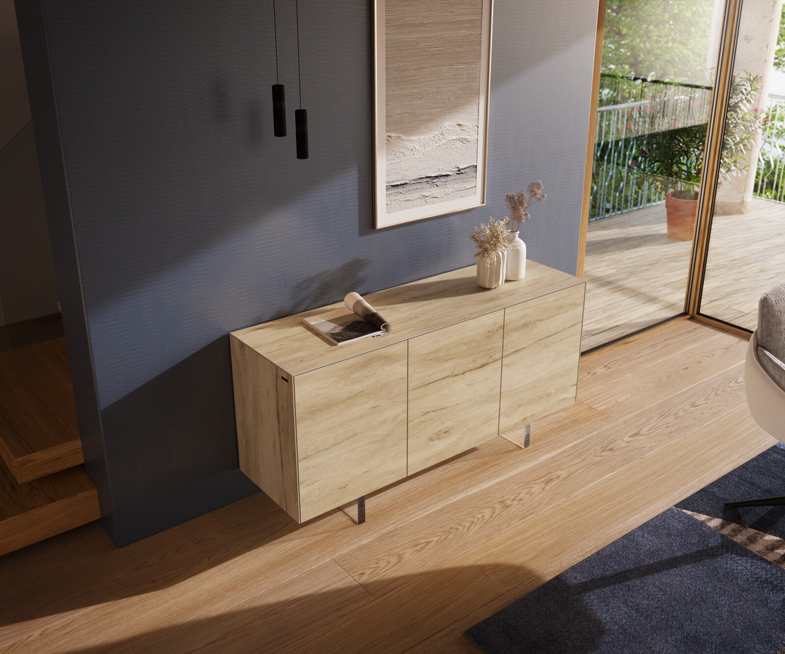 Sideboard Cuor 150 cm Keramik Laminam® Sabbia Eichefarbig 3 Türen Fuß Schwebeoptik Acrylglas 3