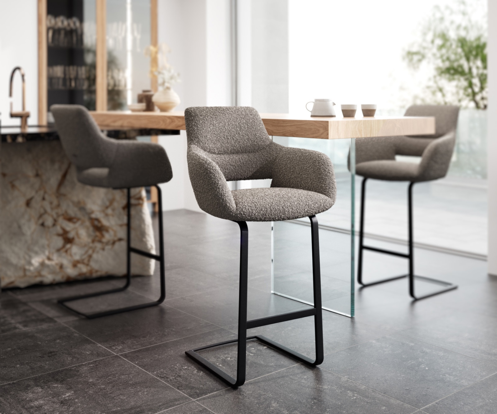 Barstuhl Yago-Flex Bouclé Silbergrau Freischwinger flach Metall Schwarz Taschenfederkern