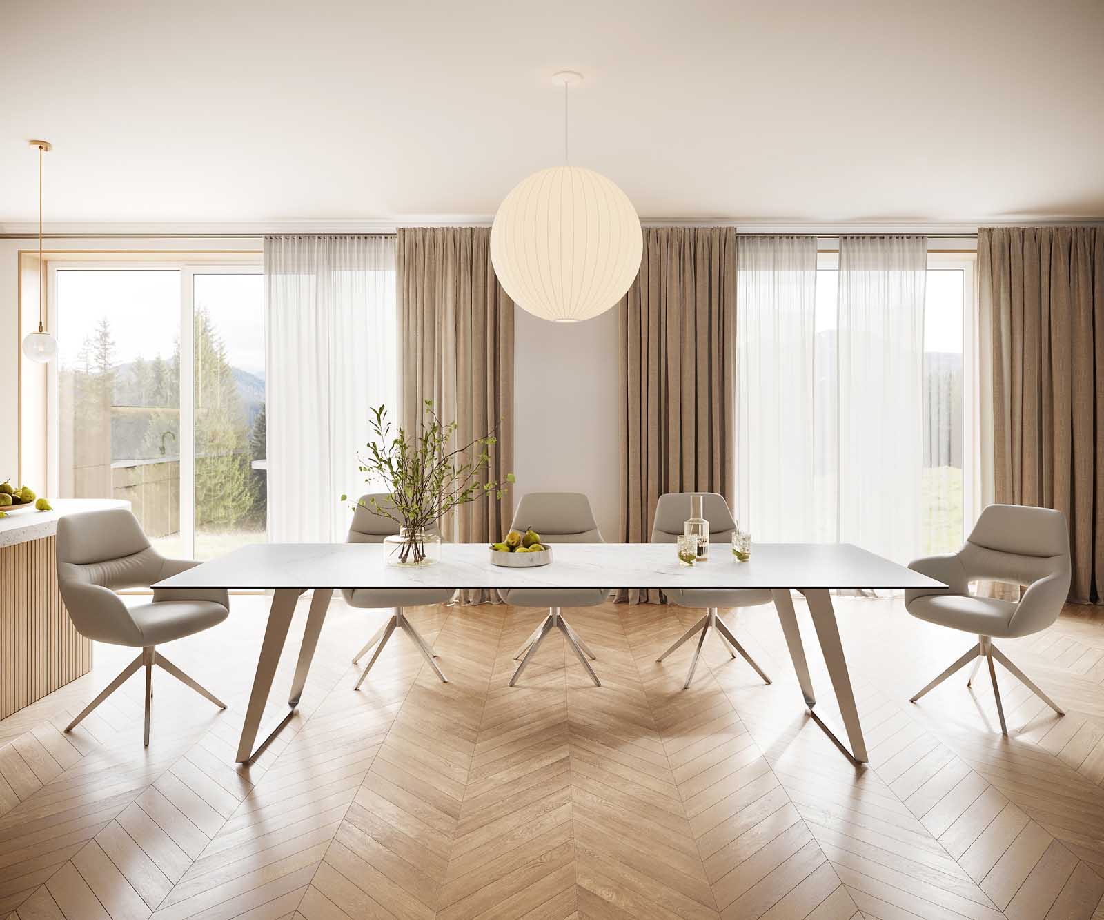 Esstisch Edge 300x100 Keramik Laminam® Statuarietto Weiß Edelstahl Schräg 1