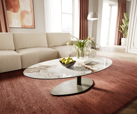 Couchtisch Edge Oval 140x80 cm Keramik Minas Melange Vibany Metall Effektfinish Titan