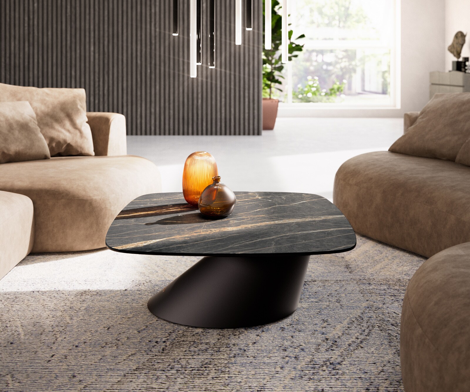 Couchtisch Edge Boot 90x90 cm Keramik Laminam® Noir Desir Braun Conis Metall Schwarz 1