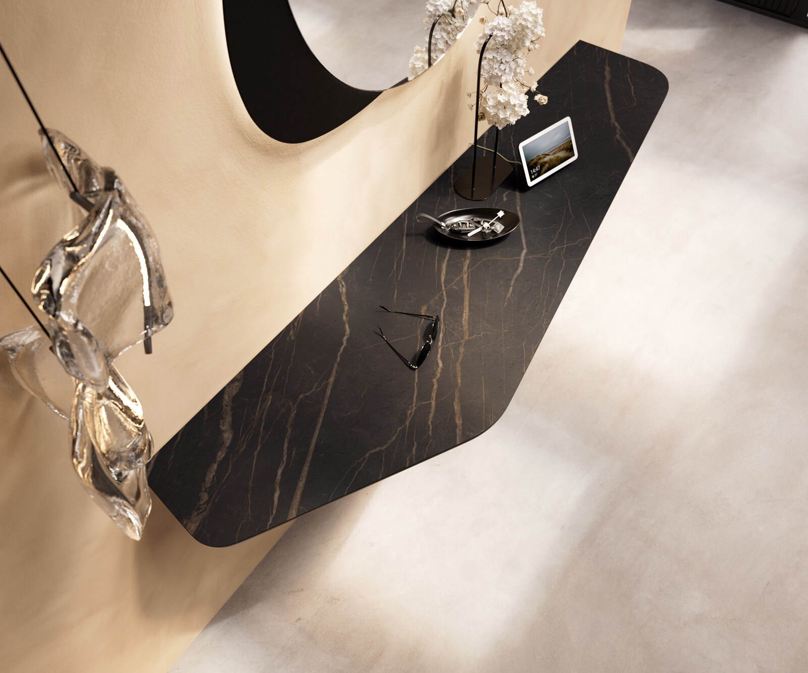 Konsolentisch Edge Polygonal 180x50 cm Keramik Laminam® Noir Desir Braun Livos Metall Effektfinish Titan 2