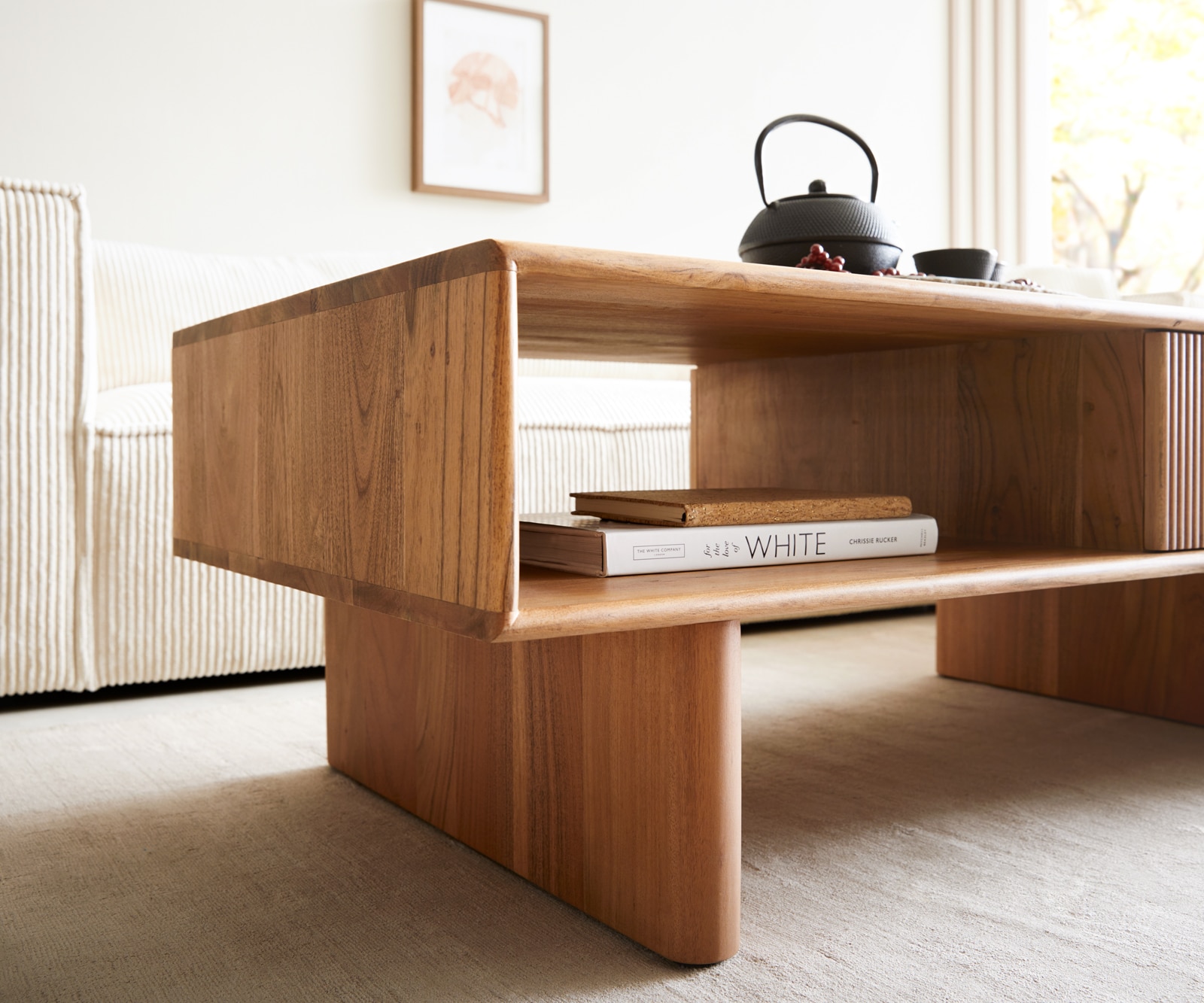 Couchtisch Surimu 115x60 cm Akazie Hellbraun 2 Schubladen Kork-Griff Holzfüße 3 Couchtisch Surimu 115x60 cm Akazie Hellbraun 2 Schubladen Kork-Griff Holzfüße 3
