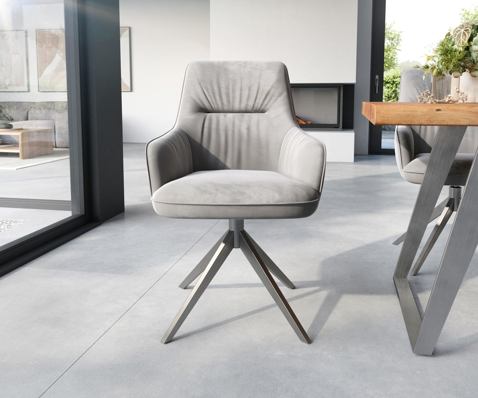 Esszimmerstuhl Zelia-Flex mit Armlehnen Samt Grau Kreuzgestell breit Edelstahl Taschenfederkern 1 Esszimmerstuhl Zelia-Flex mit Armlehnen Samt Grau Kreuzgestell breit Edelstahl Taschenfederkern 1