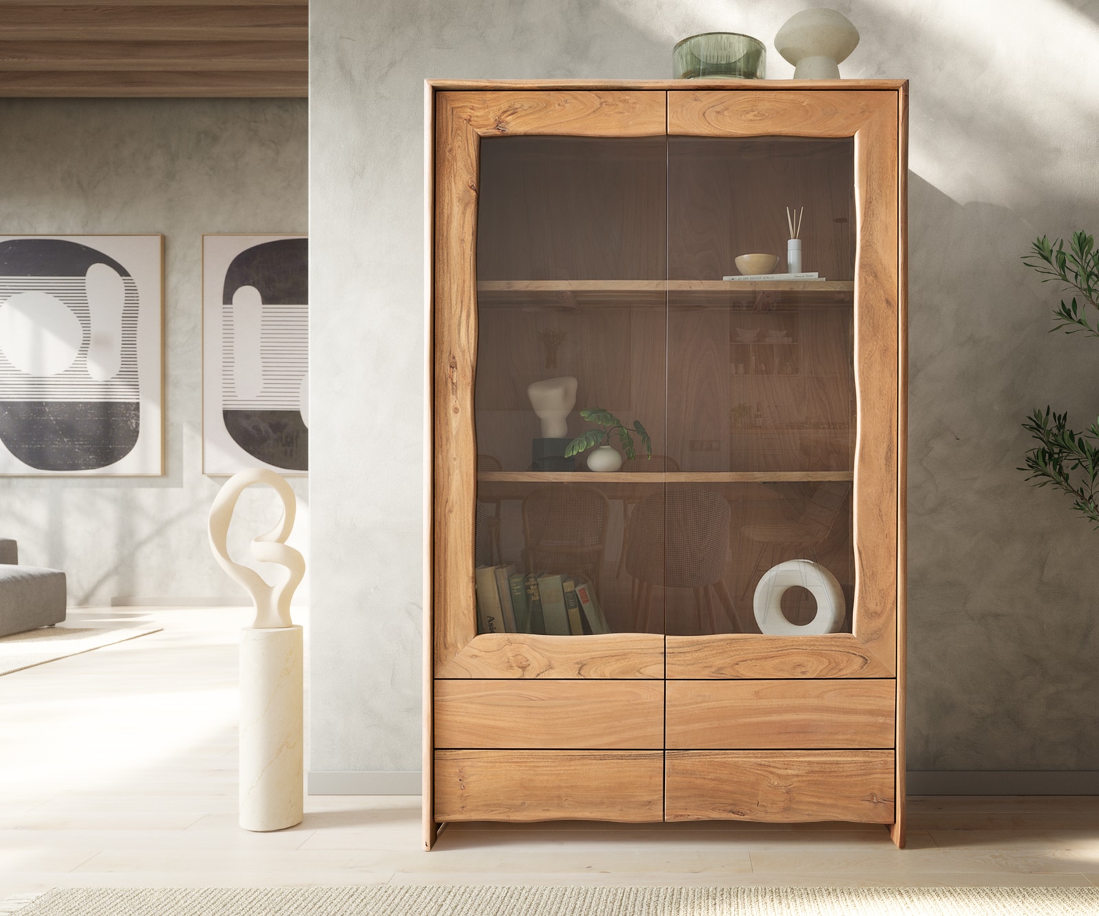 Vitrine Live-Edge 120x190 cm Akazie Natur 2 Türen 4 Schubladen Massiv 1 Vitrine Live-Edge 120x190 cm Akazie Natur 2 Türen 4 Schubladen Massiv 1