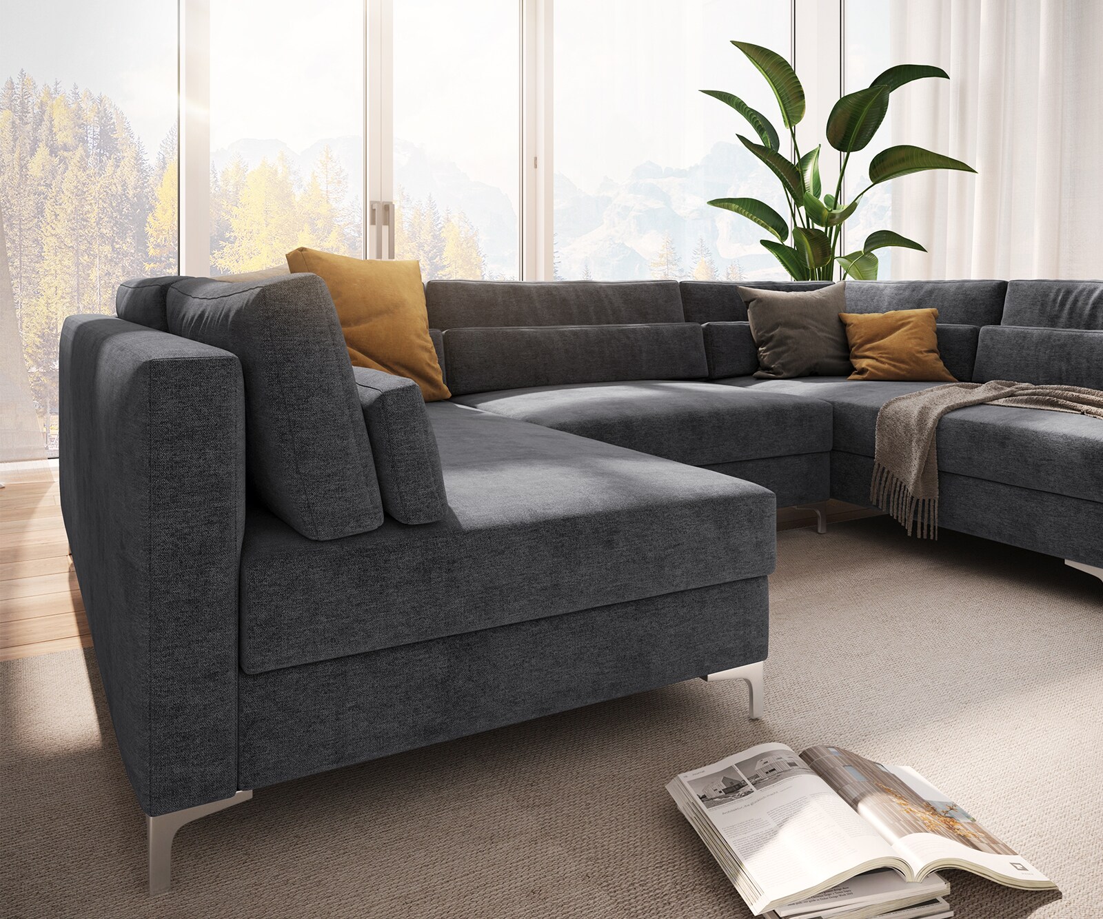 Wohnlandschaft Elio 300x185 cm Mikrofaser Graphite mit Hocker 6