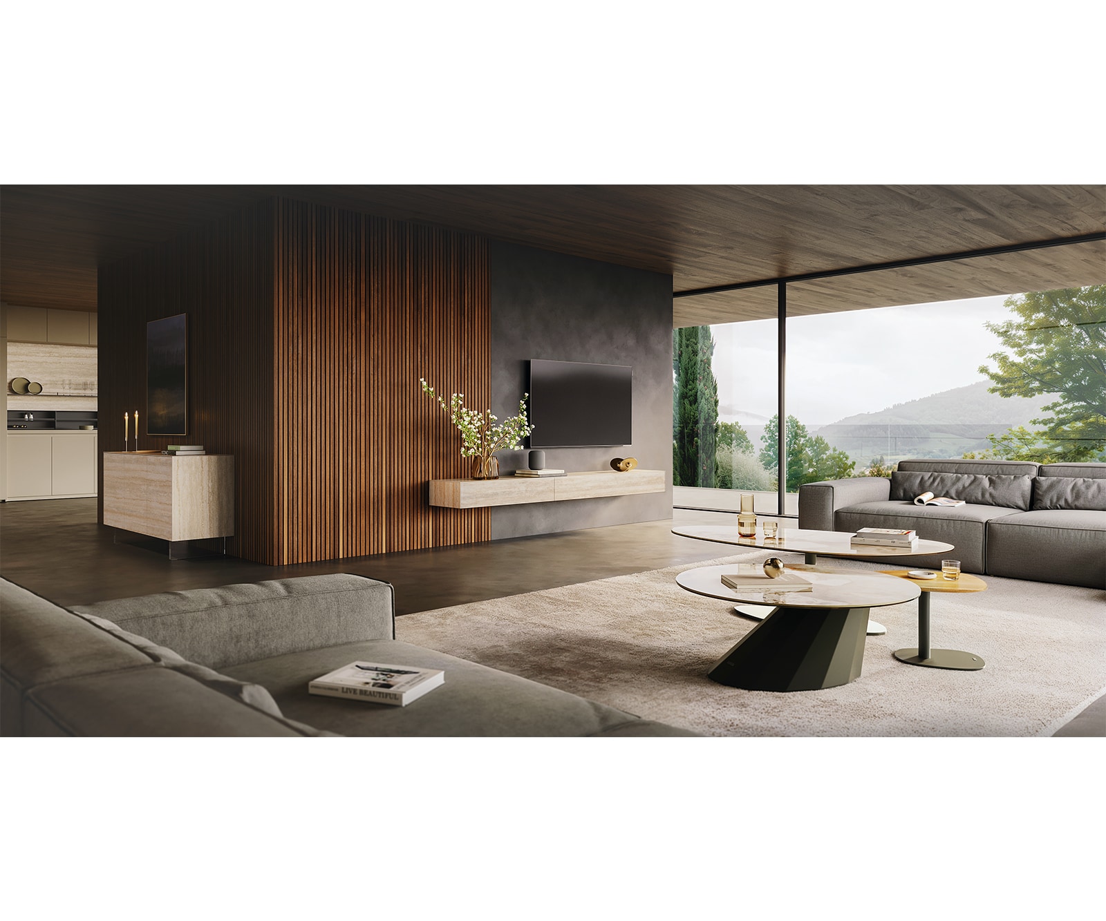 Lowboard Cuor 250 cm Keramik Laminam® Travertino Bianco Creme-Weiß 1 Klappe 1 Schubfach Fuß Schwebeoptik Acrylglas 6