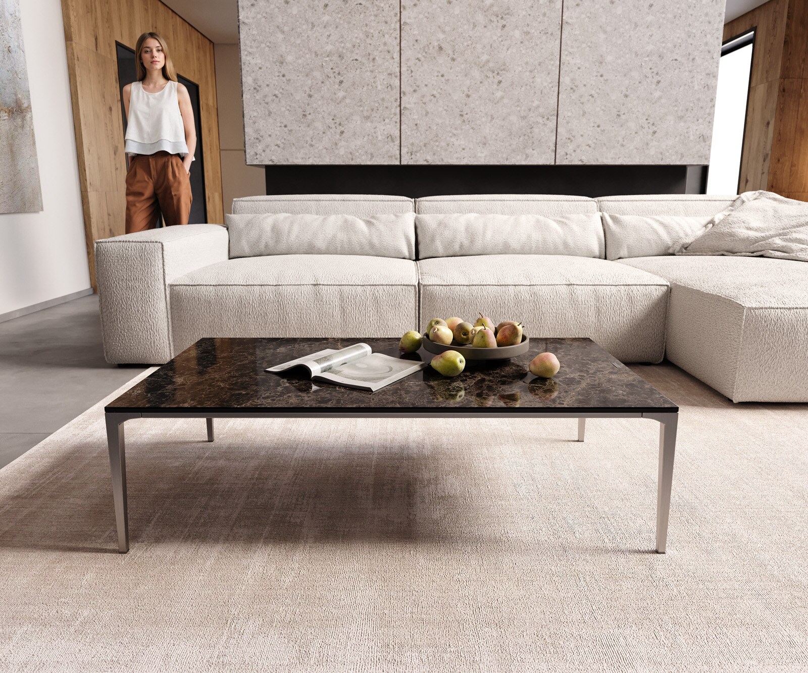 Couchtisch Levente 110x60 cm Keramik Emperador Extra Lucidato Dunkelbraun Gestell Edelstahl Silber 1