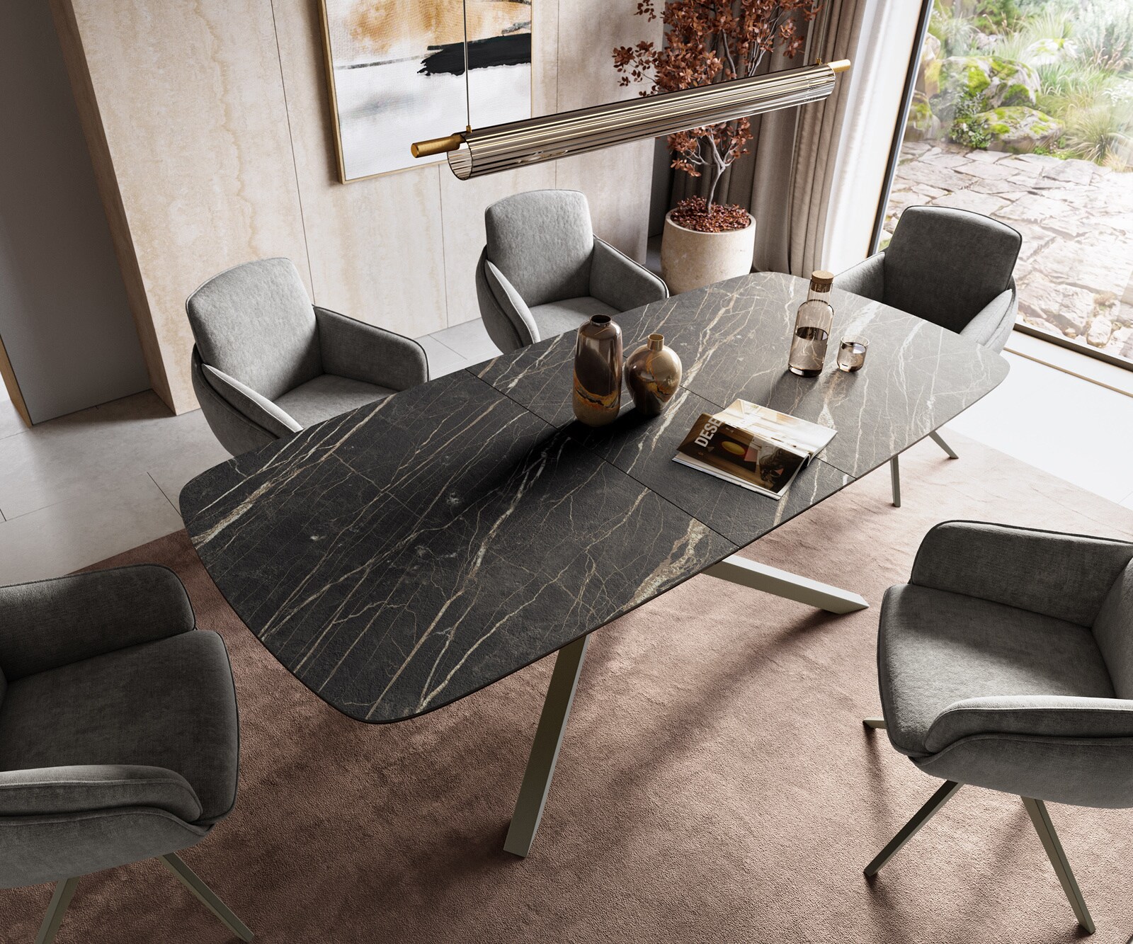 Esstisch Edge Boot 180-220x100 cm Laminam® Keramik Noir Desir Braun Kreuzgestell Rechteck Effektfinish Titan ausziehbar 4