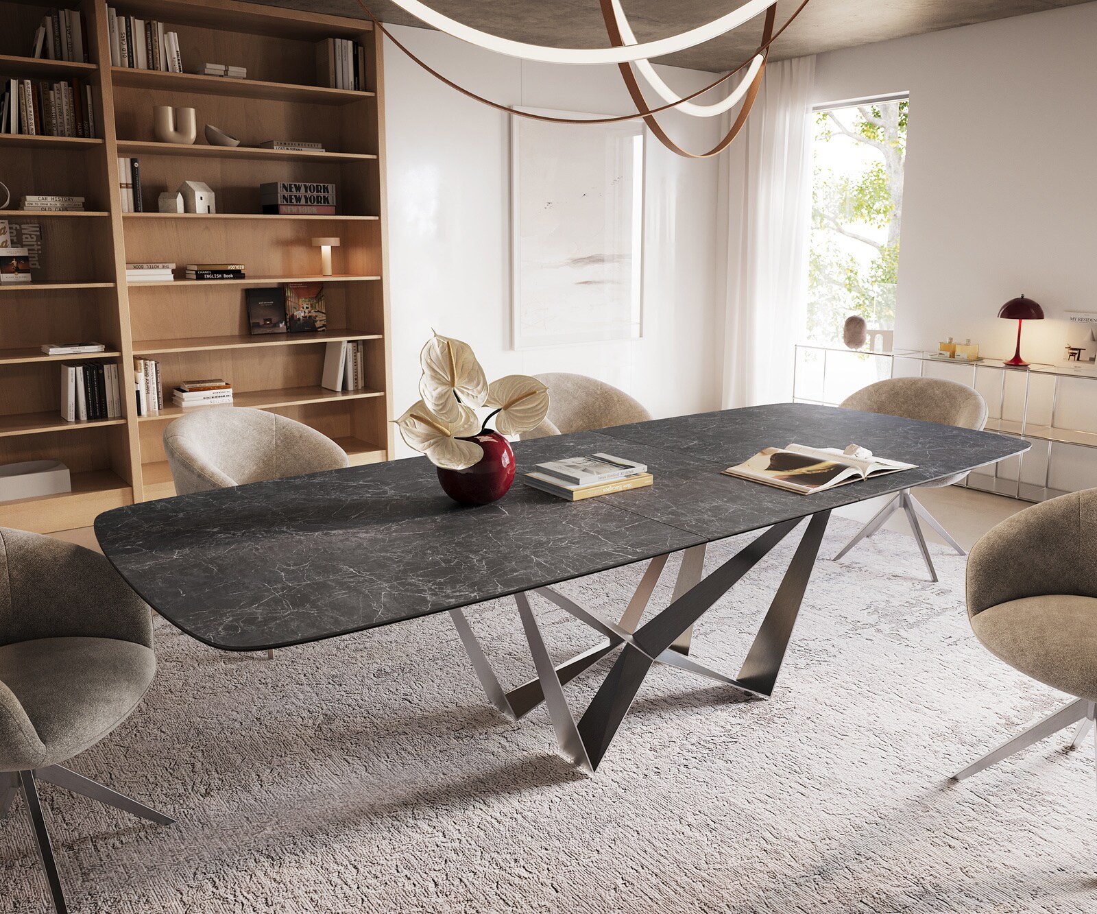 Esstisch Edge Boot 240-300x120 cm Keramik Laminam® Nero Greco Anthrazit Spider Flachstahl Edelstahl ausziehbar 1