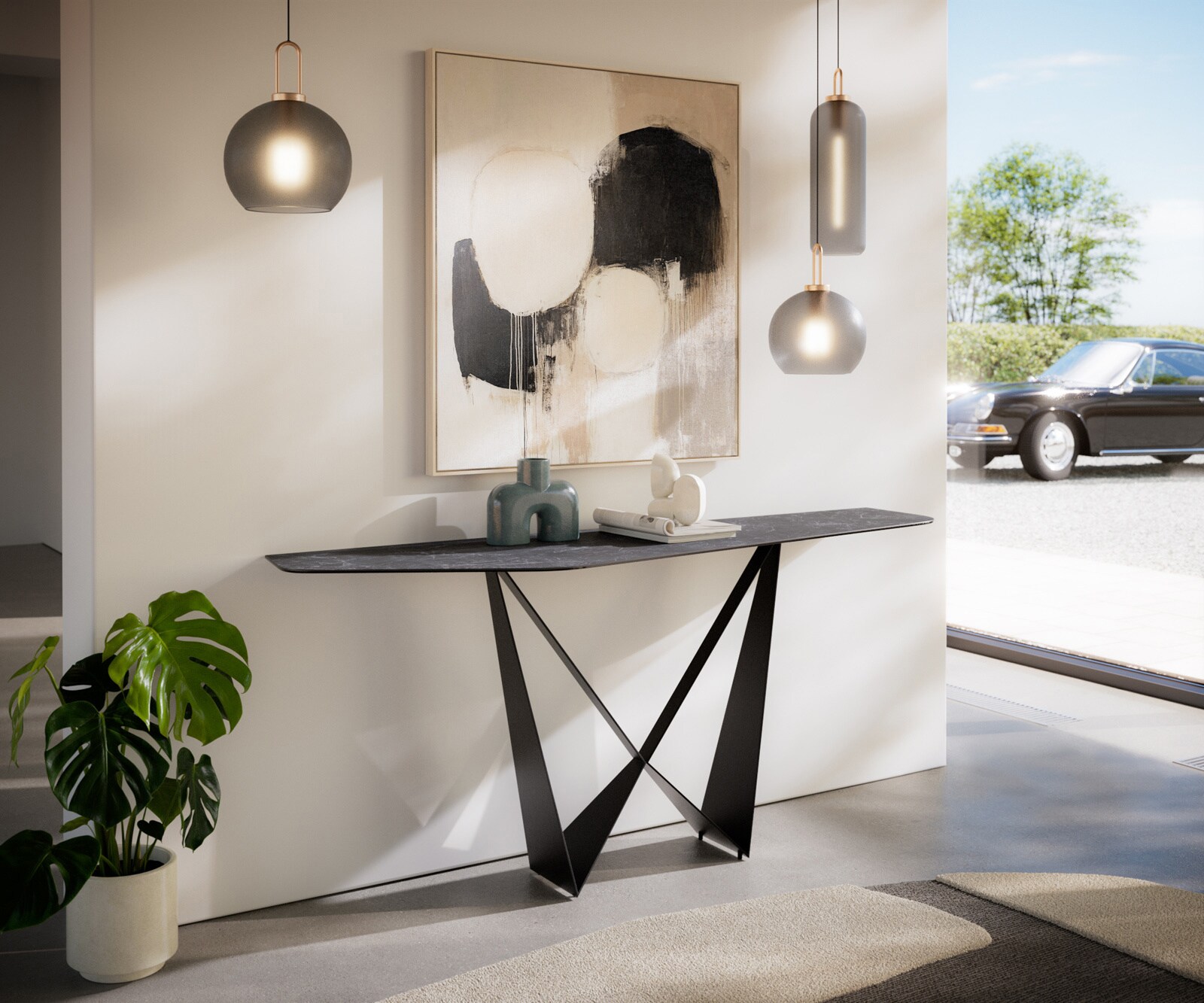 Konsolentisch Edge Polygonal 180x50 cm Keramik Laminam® Nero Greco Anthrazit Spios Metall Schwarz 7