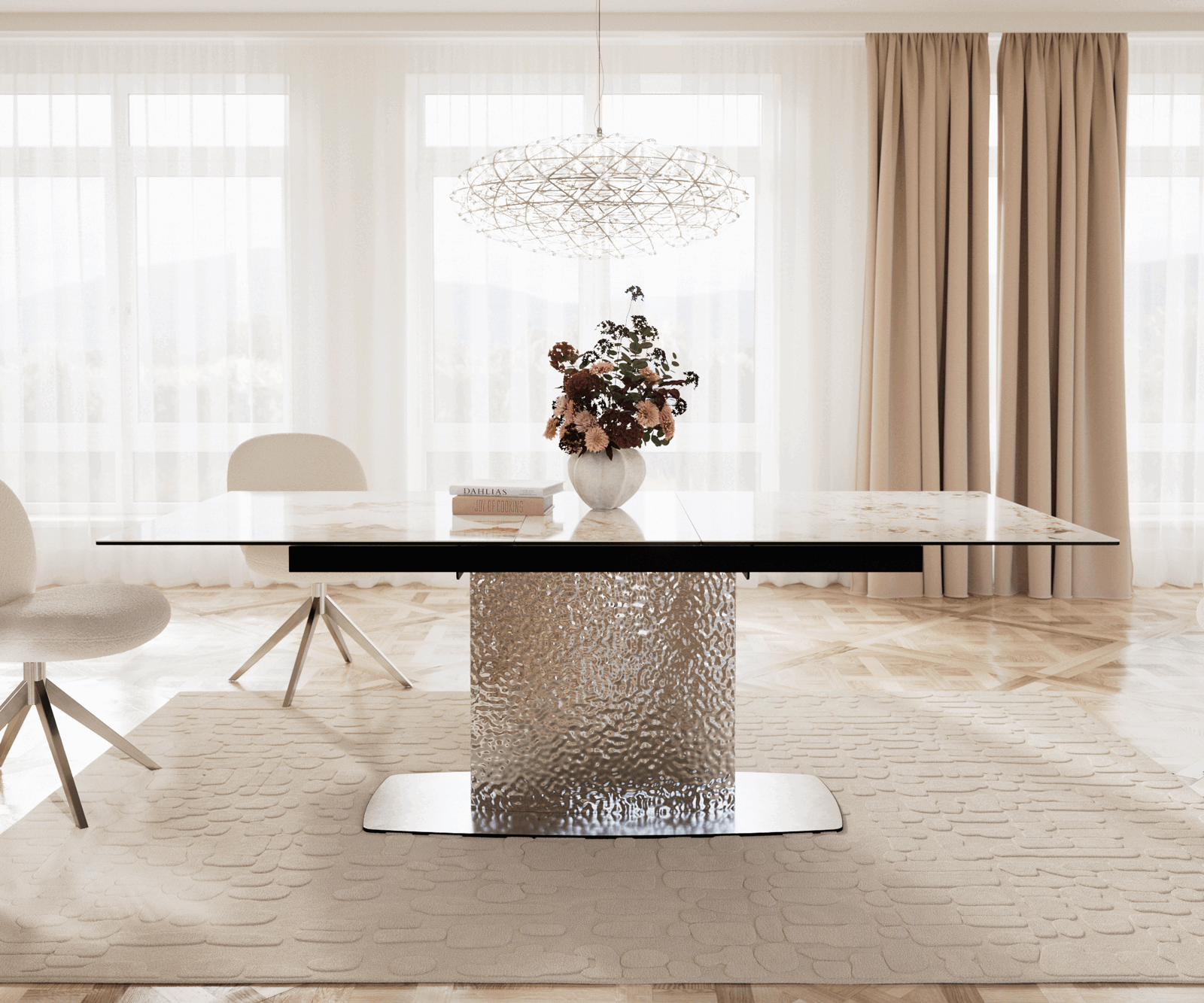 Esstisch Edge 180-220x100 Keramik Minas Melange Weiß-Beige Wave Edelstahl ausziehbar 1