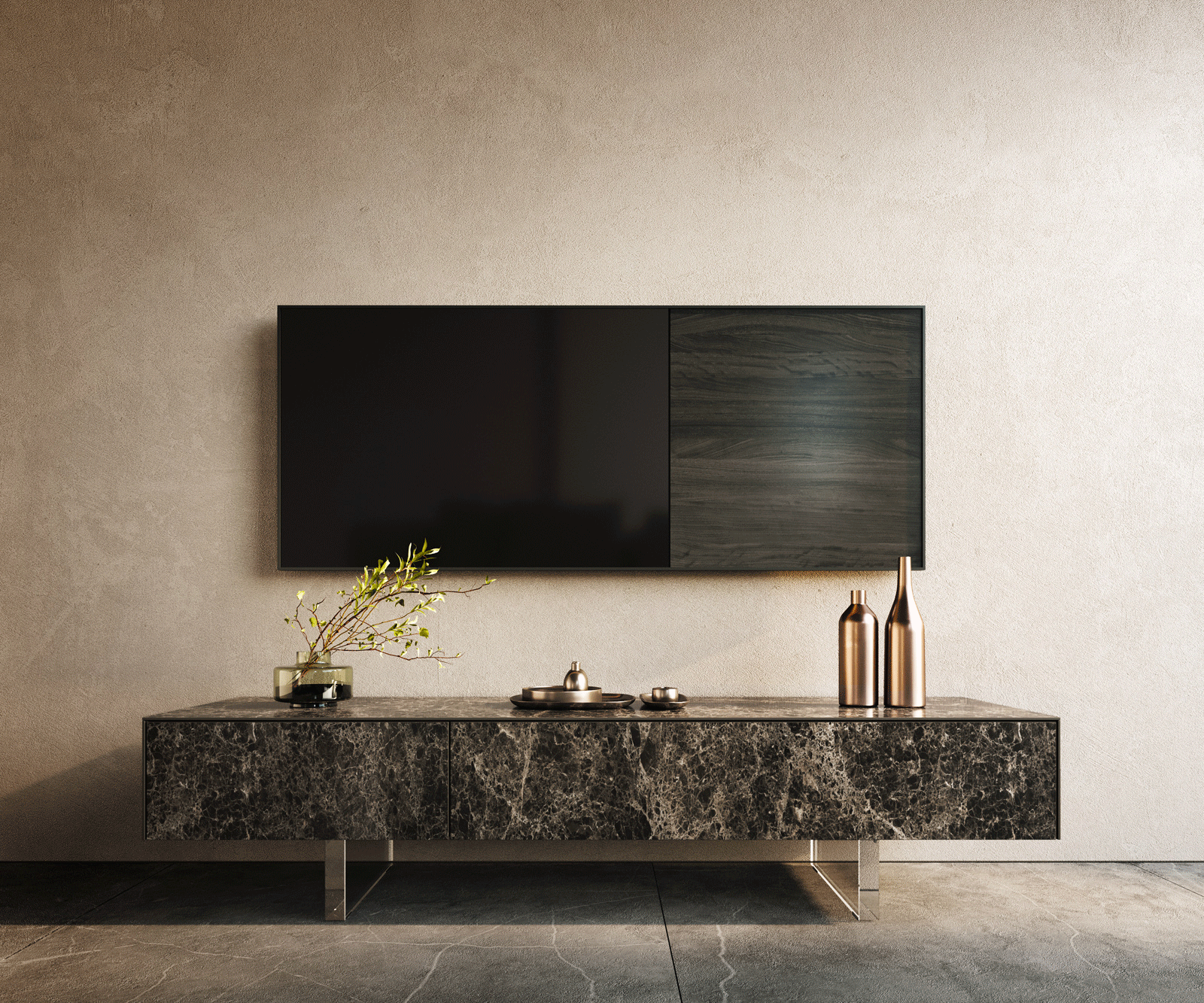 Lowboard Cuor 150 cm Keramik Laminam® Emperador Extra Lucidato Dunkelbraun 1 Klappe 1 Schubfach Fuß Schwebeoptik Acrylglas 1