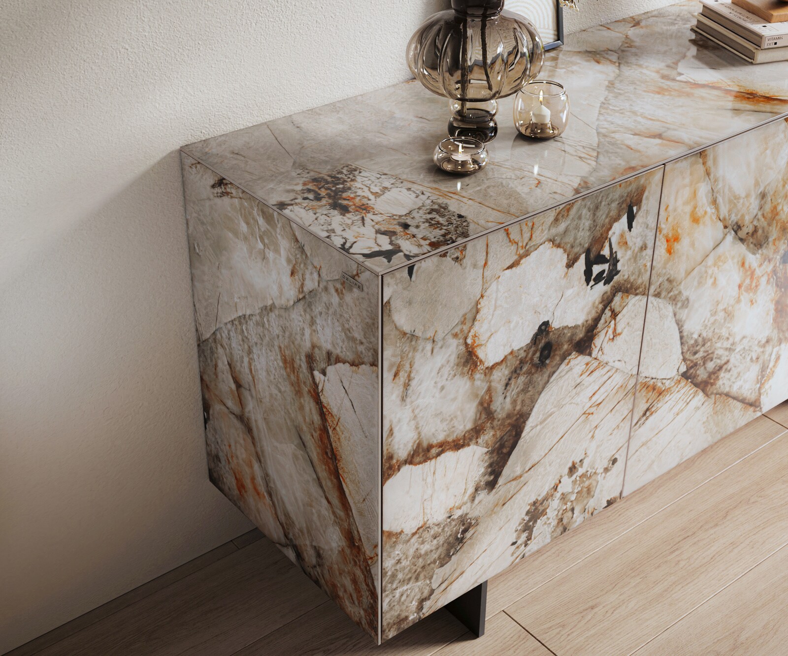Sideboard Cuor 150 cm Keramik Patagonia Poliert 3 Türen Fuß Schwebeoptik Metall Schwarz 5