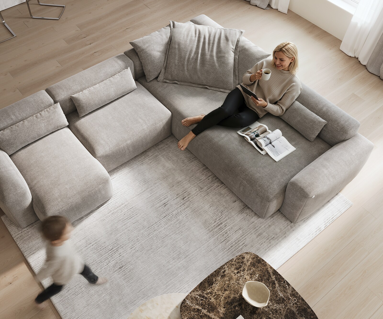 Wohnlandschaft Freestyle 360x290 cm Strukturstoff Soft Grau Kappnaht 4