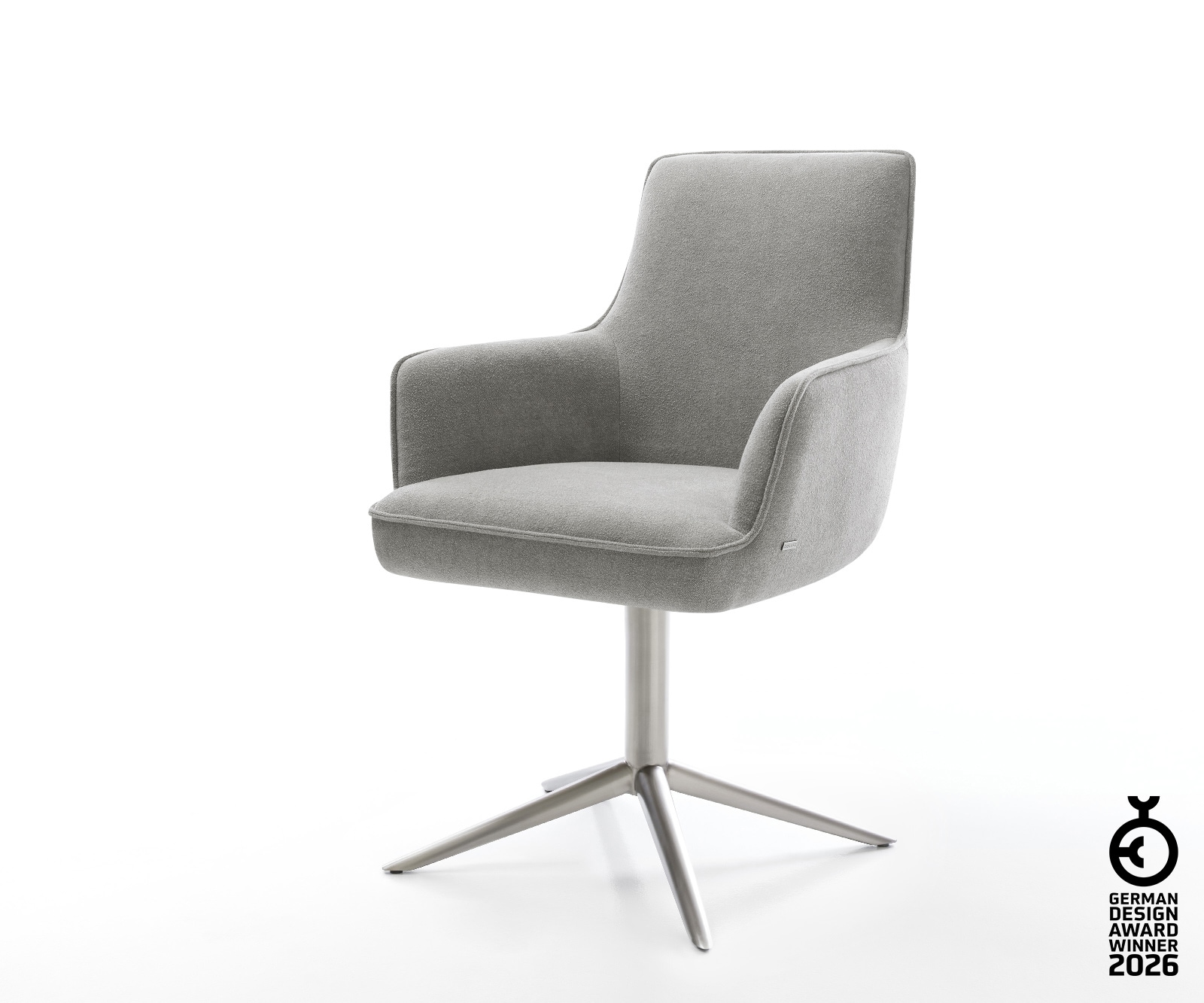 Drehstuhl Heira-Flex mit Armlehnen Strukturstoff Soft Grau Fußkreuz Edelstahl 360° drehbar Wippfunktion Taschenfederkern