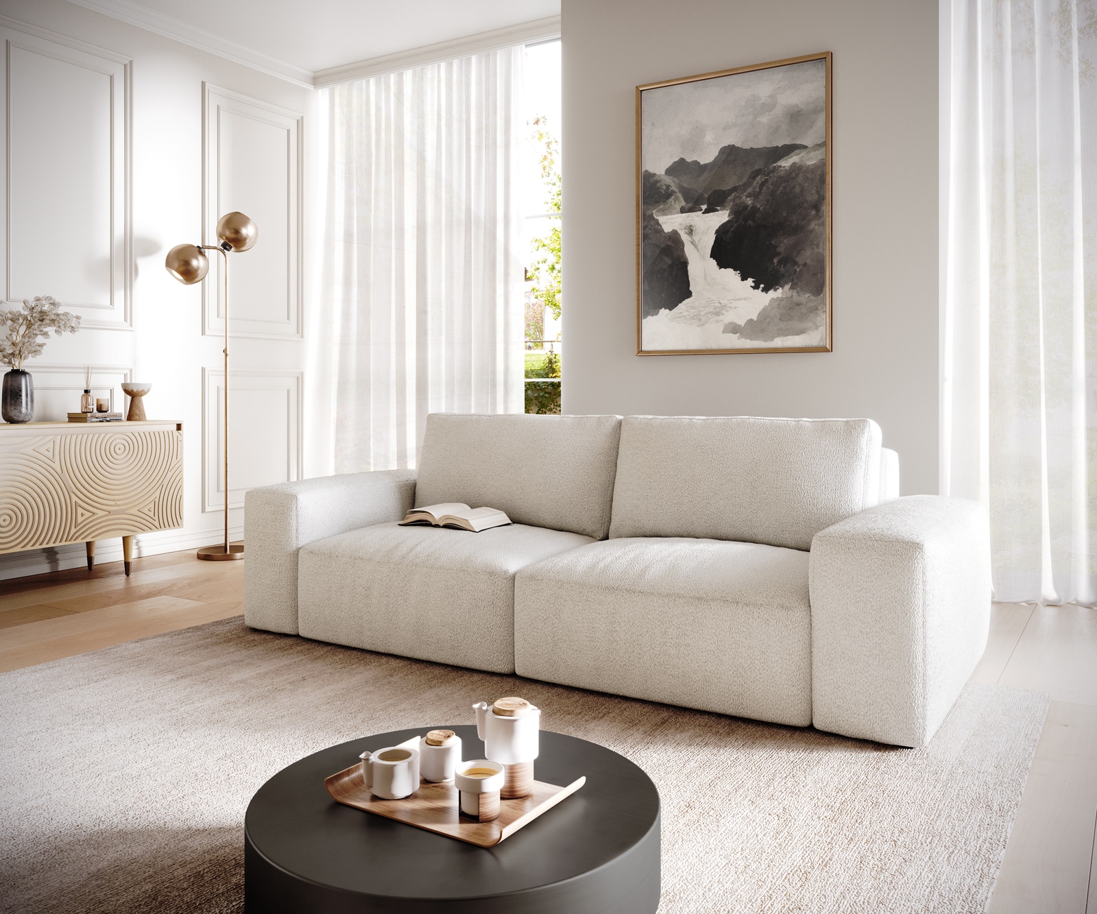 Big-Sofa Lanzo 230x95 cm Bouclé Creme-Weiß