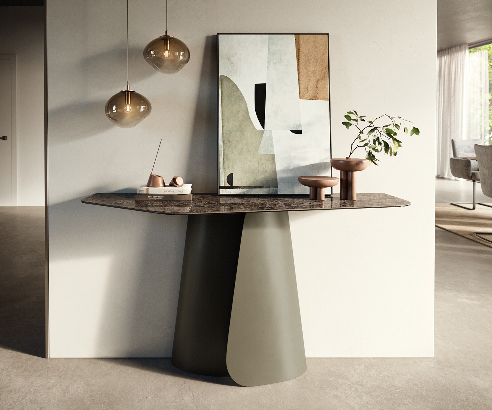 Konsolentisch Edge Polygonal 140x50 cm Keramik Emperador Extra Lucidato Dunkelbraun Livos Metall Effektfinish Titan 1