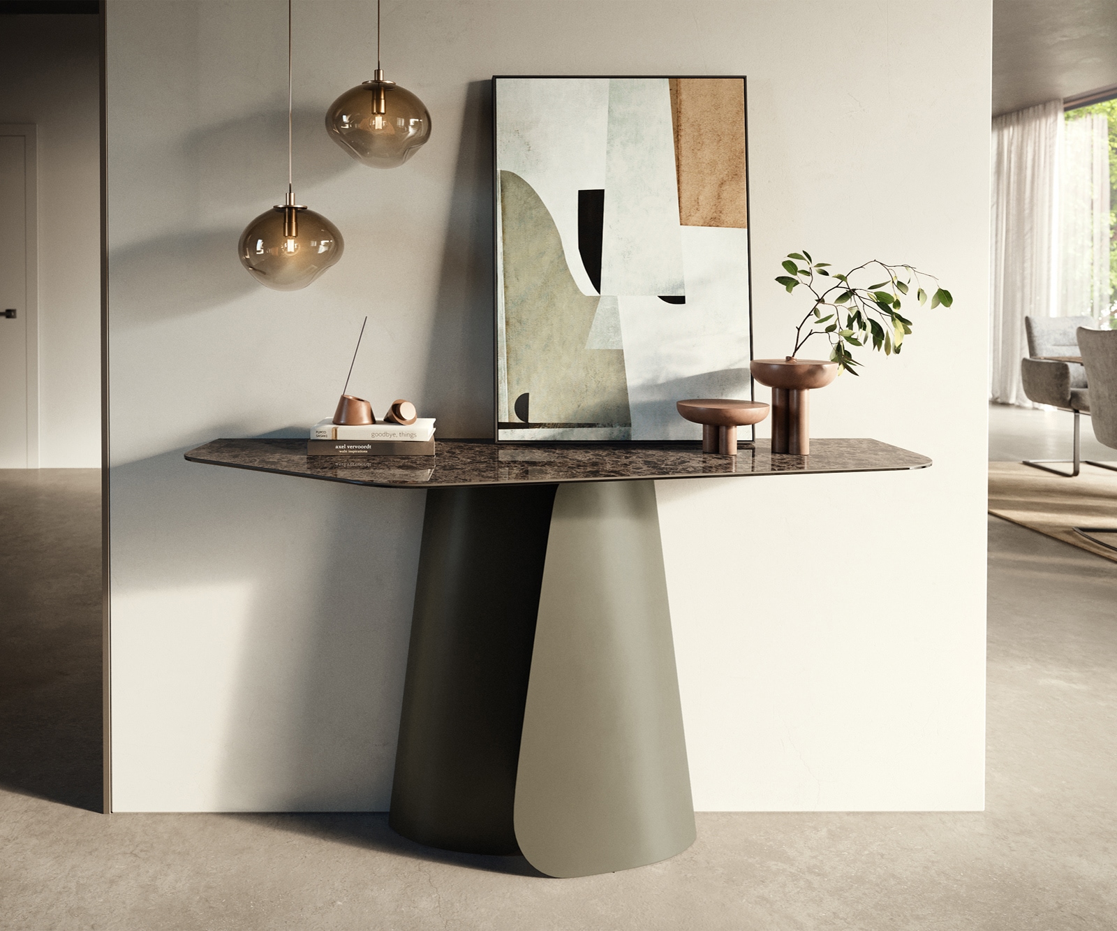 Konsolentisch Edge Polygonal 140x50 cm Keramik Emperador Extra Lucidato Dunkelbraun Livos Metall Effektfinish Titan