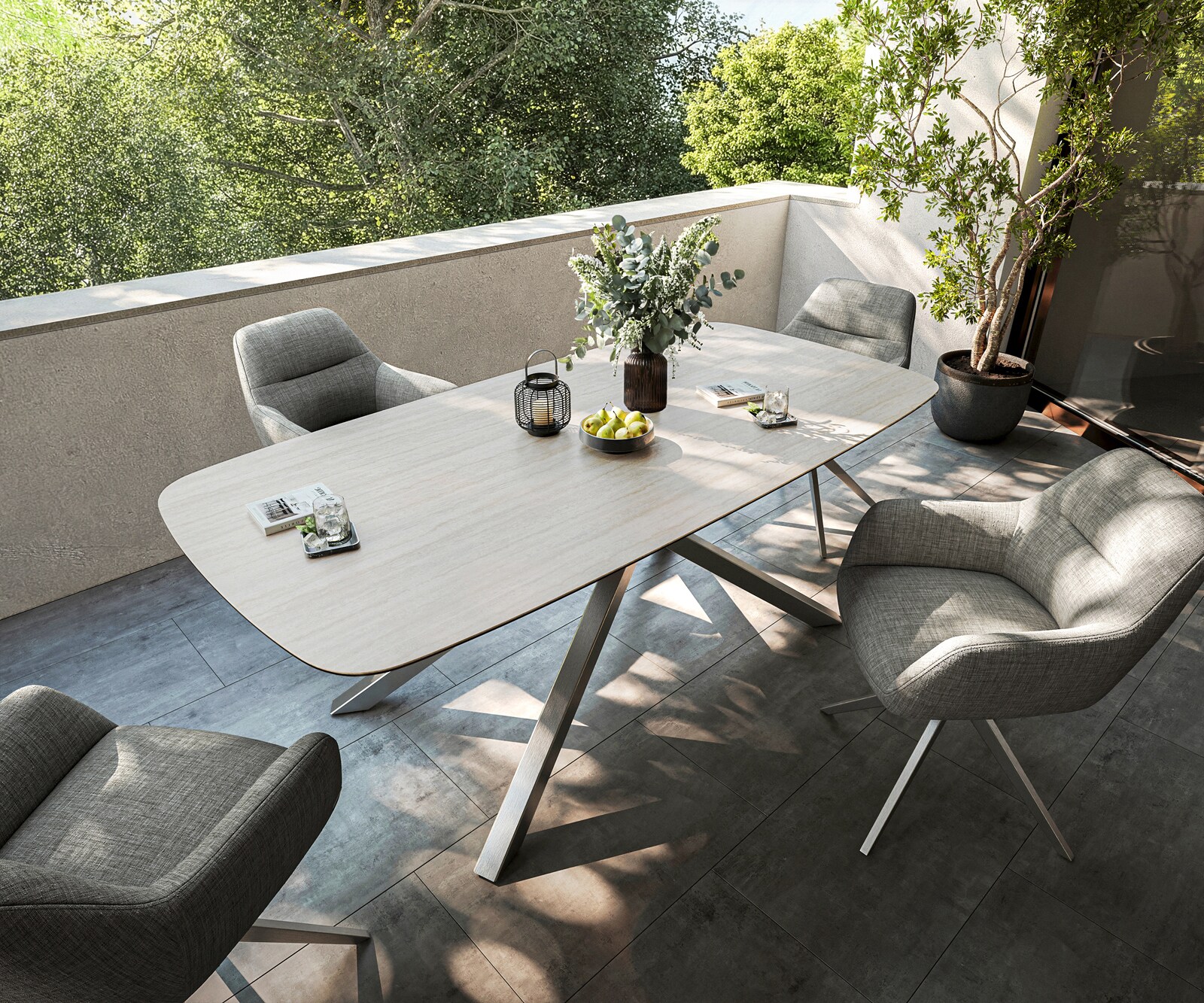 Outdoortisch Edge Boot 200x100 cm Keramik Laminam® Travertino Bianco Creme-Weiß Kreuzgestell Rechteck Edelstahl 3