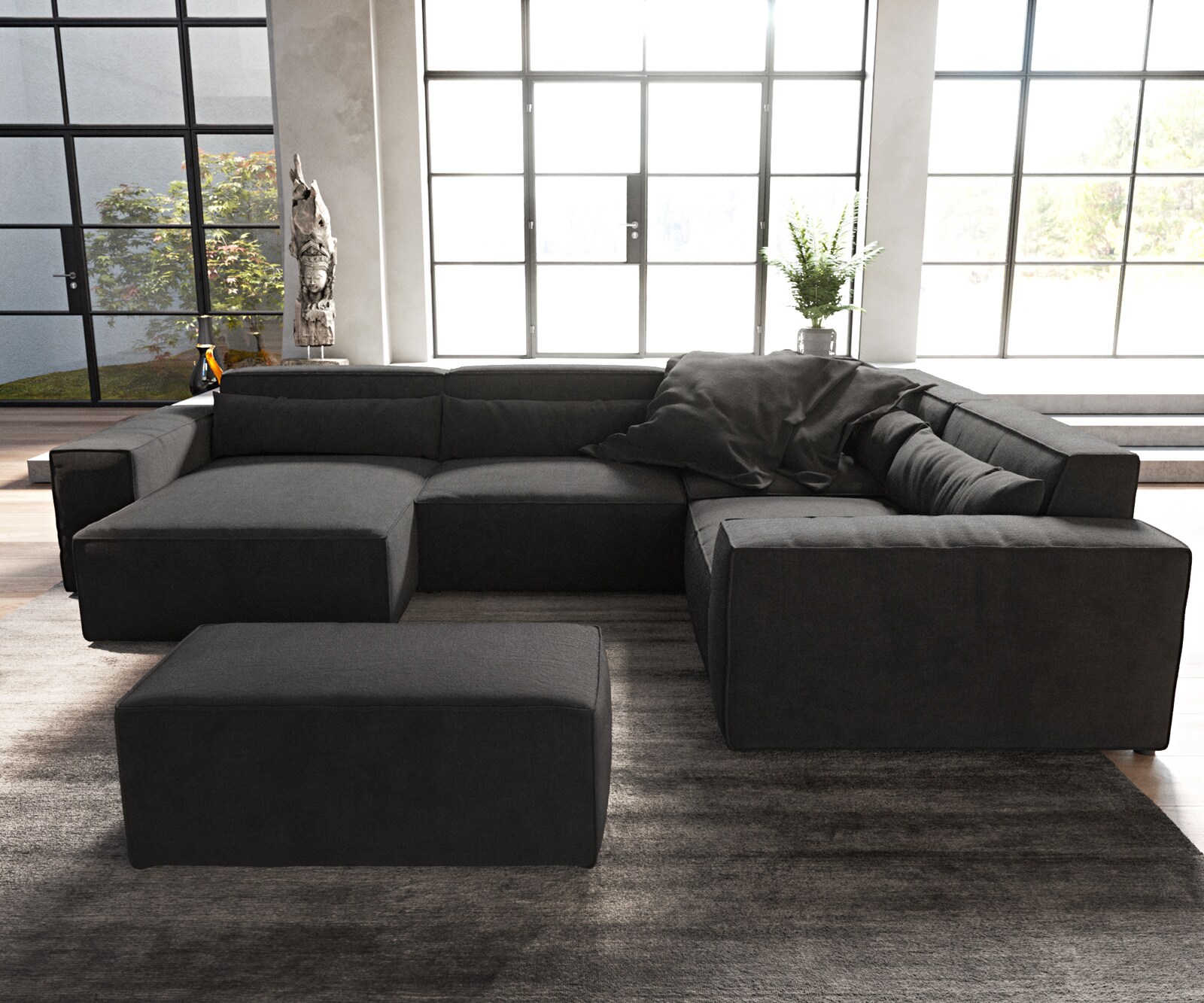 Wohnlandschaft Sirpio 300x210 cm Mikrofaser Schwarz Recamiere variabel mit Hocker 2