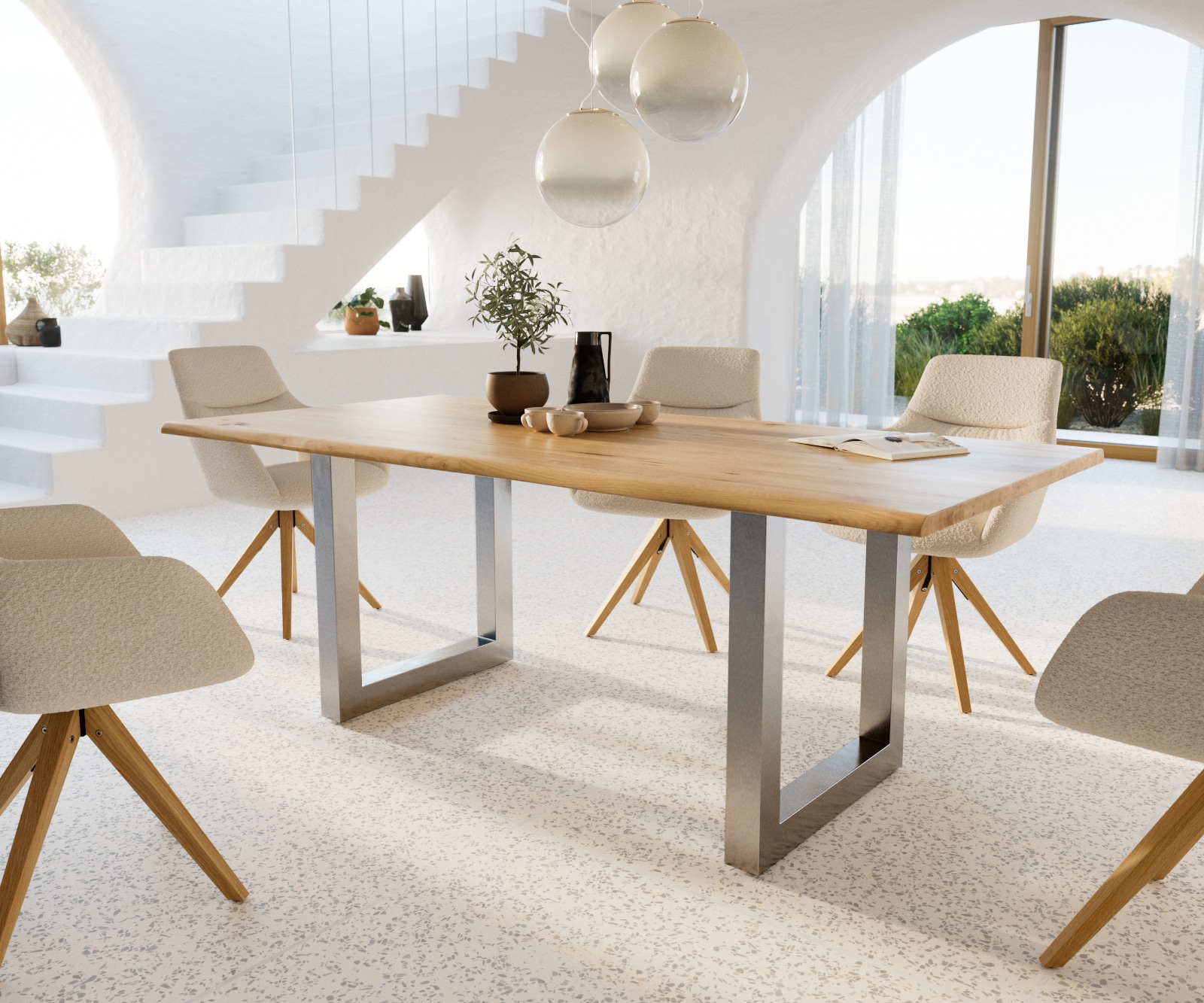 Esstisch Edge 200x100x2,5-3 Eiche Natur Edelstahl breit Live-Edge