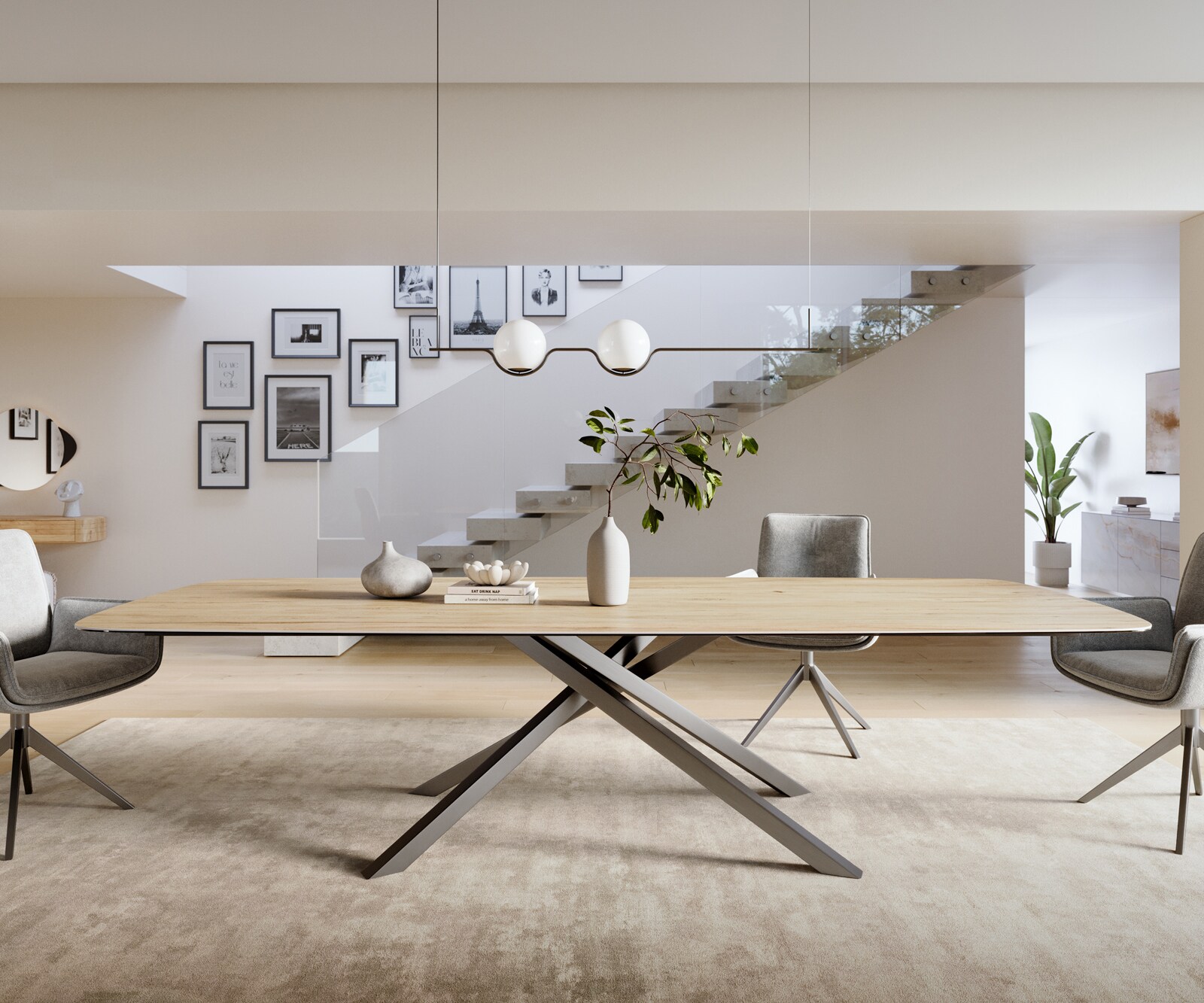 Esstisch Edge Boot 300x120 cm Keramik Laminam® Sabbia Eichefarbig Kreuzgestell Rechteck Edelstahl Graphit 2