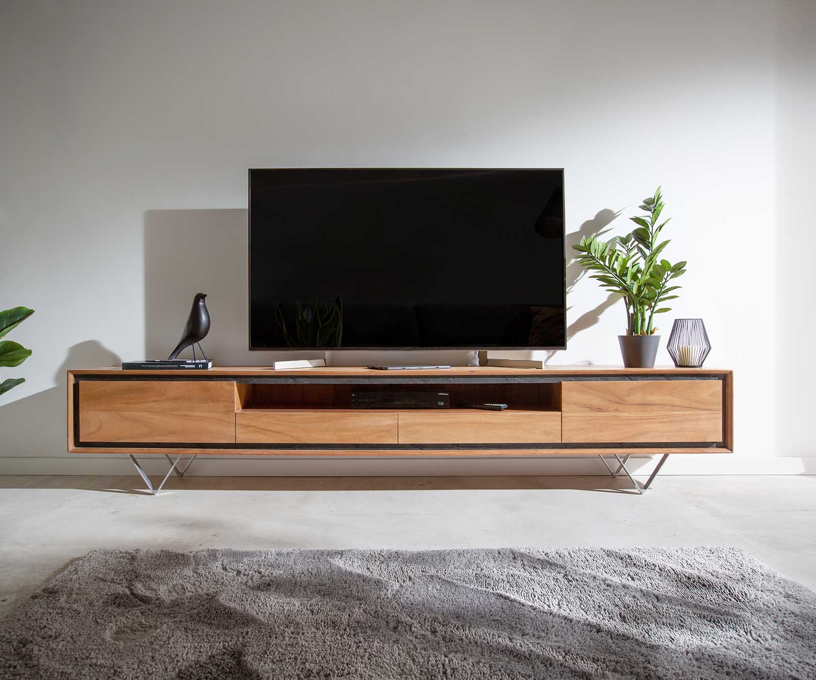Lowboard Stonegrace 240 cm Akazie Natur 2 Türen 1 Fach 2 Schubladen Steinfurnier V-Fuß 1