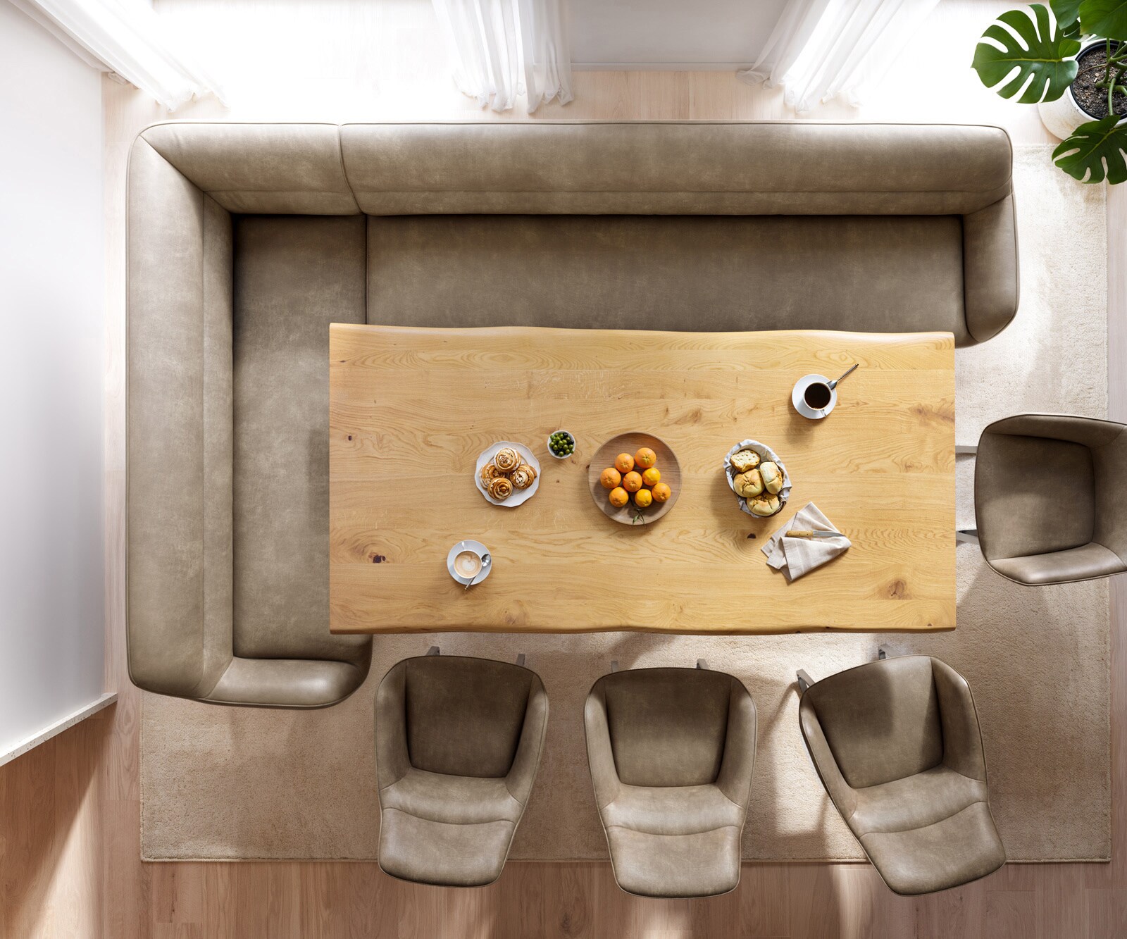 Esszimmerbank Taya-Flex 285x190 cm Mikrofaser Beige Vintage Kreuzgestell kantig Schwarz Taschenfederkern Rechts 5