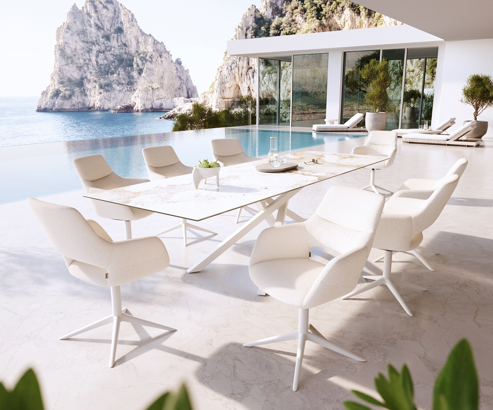 Outdoorstuhl Yago-Flex mit Armlehnen Bouclé Weiß Fußkreuz Weiß 360° drehbar Wippfunktion 3