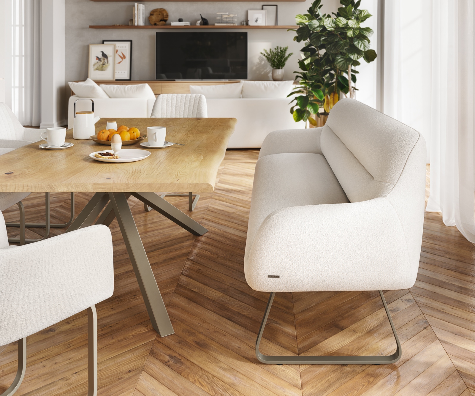 Esszimmerbank Taya-Flex 200 cm Bouclé Creme-Weiß Kufengestell flach Effektfinish Titan Taschenfederkern 2