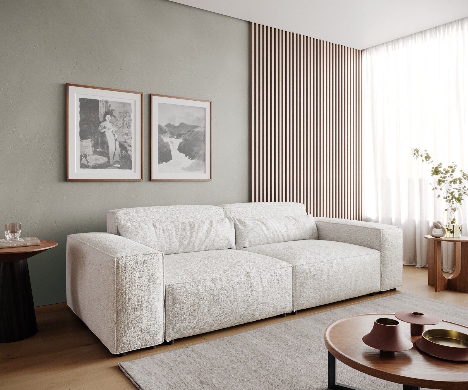 Big-Sofa Sirpio 230x95 cm Bouclé Creme-Weiß
