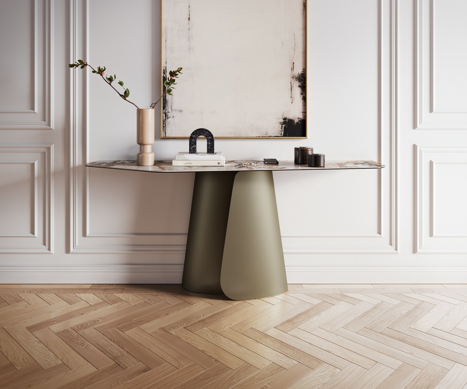 Konsolentisch Edge Polygonal 180x50 cm Keramik Patagonia Poliert Livos Metall Effektfinish Titan 3