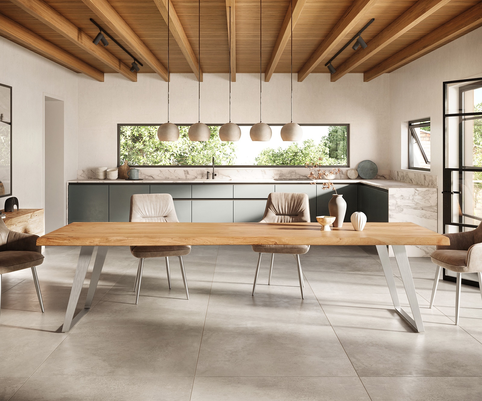 Esstisch Edge 300x100cm XL Akazie Natur Edelstahl Silber schräg Live-Edge 2 Esstisch Edge 300x100cm XL Akazie Natur Edelstahl Silber schräg Live-Edge 2