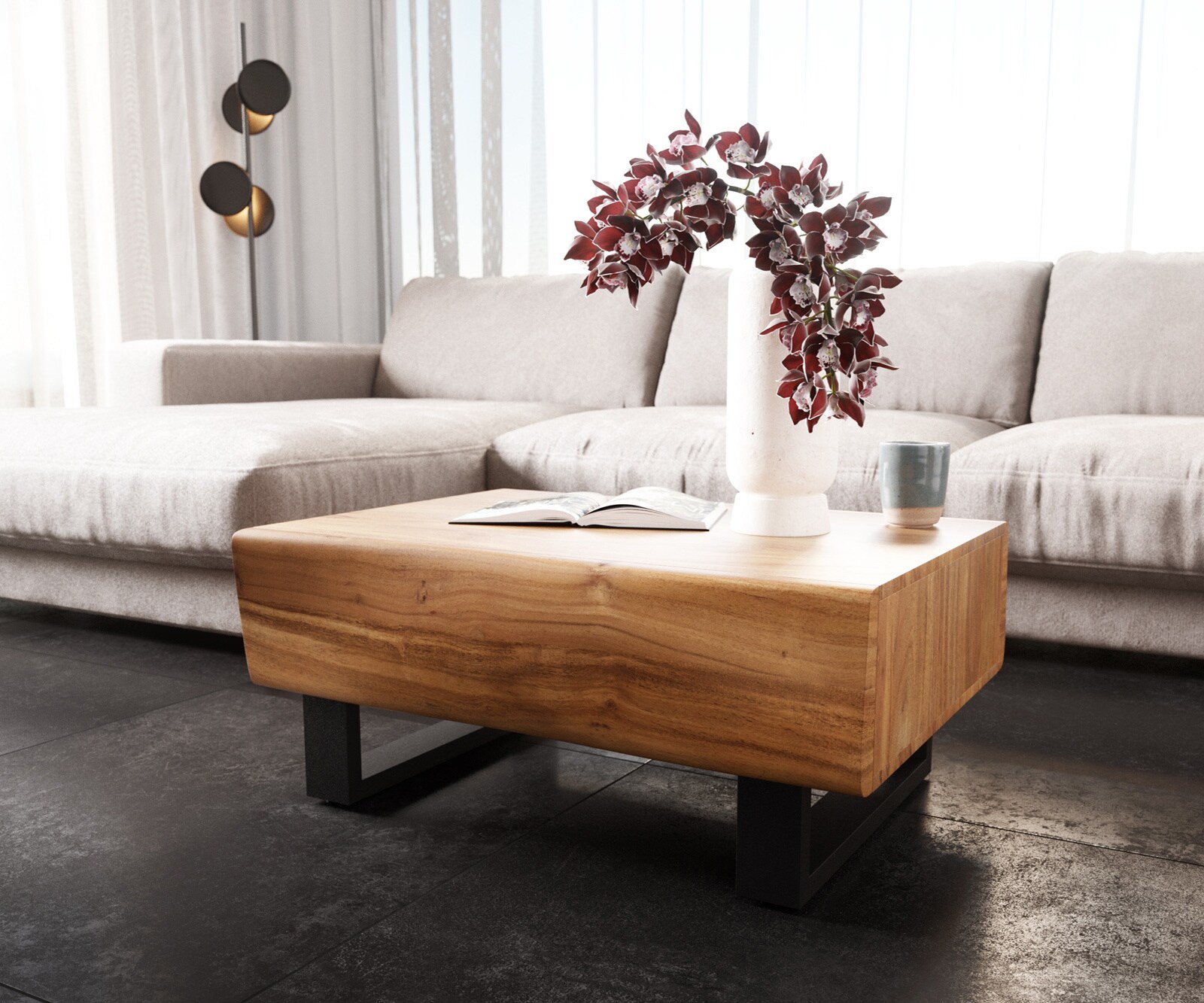 Couchtisch New Live-Edge 80x60 cm Akazie Natur 2 Schubladen Kufe Metall Schwarz 3