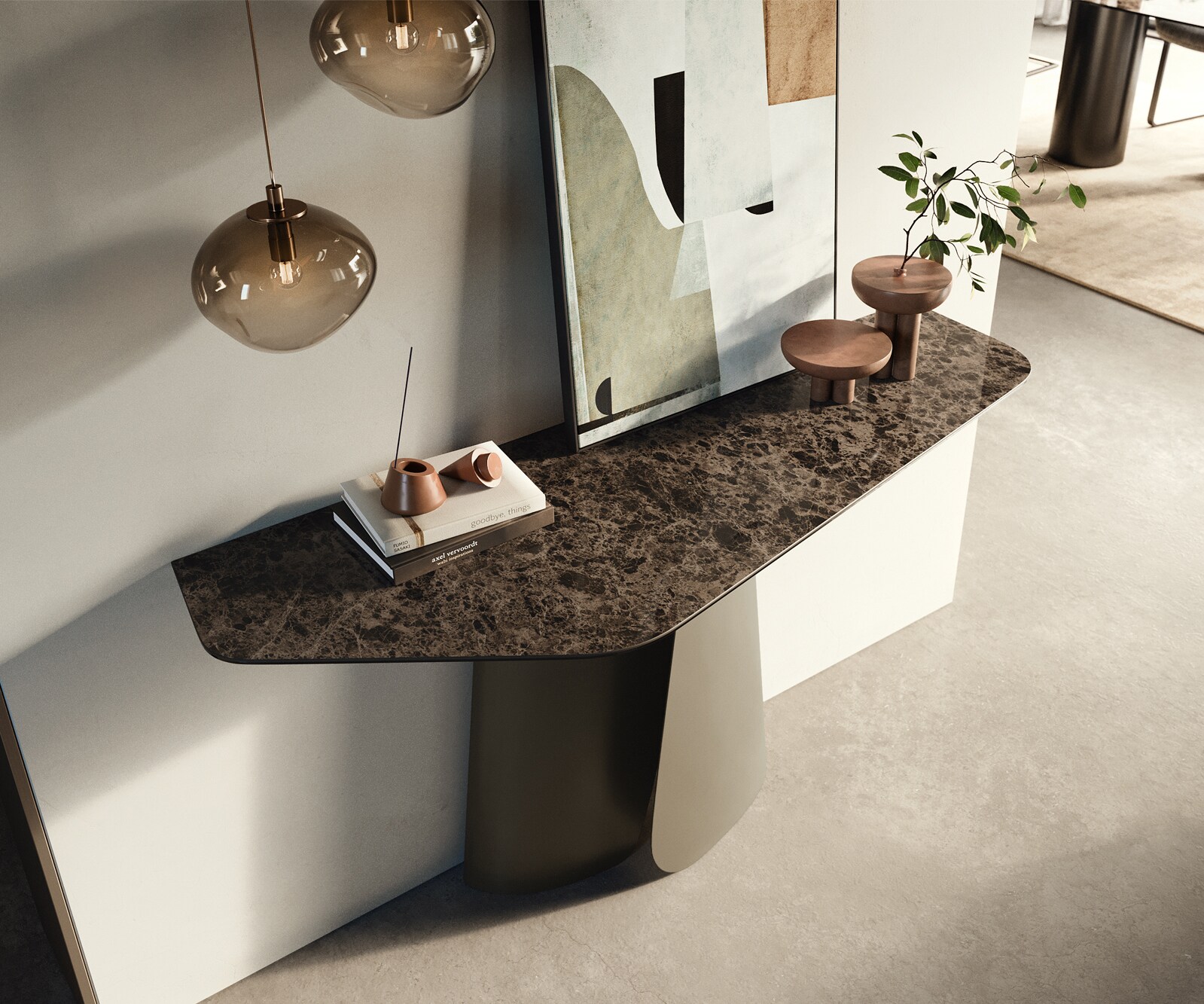 Konsolentisch Edge Polygonal 140x50 cm Keramik Emperador Extra Lucidato Dunkelbraun Livos Metall Effektfinish Titan 1