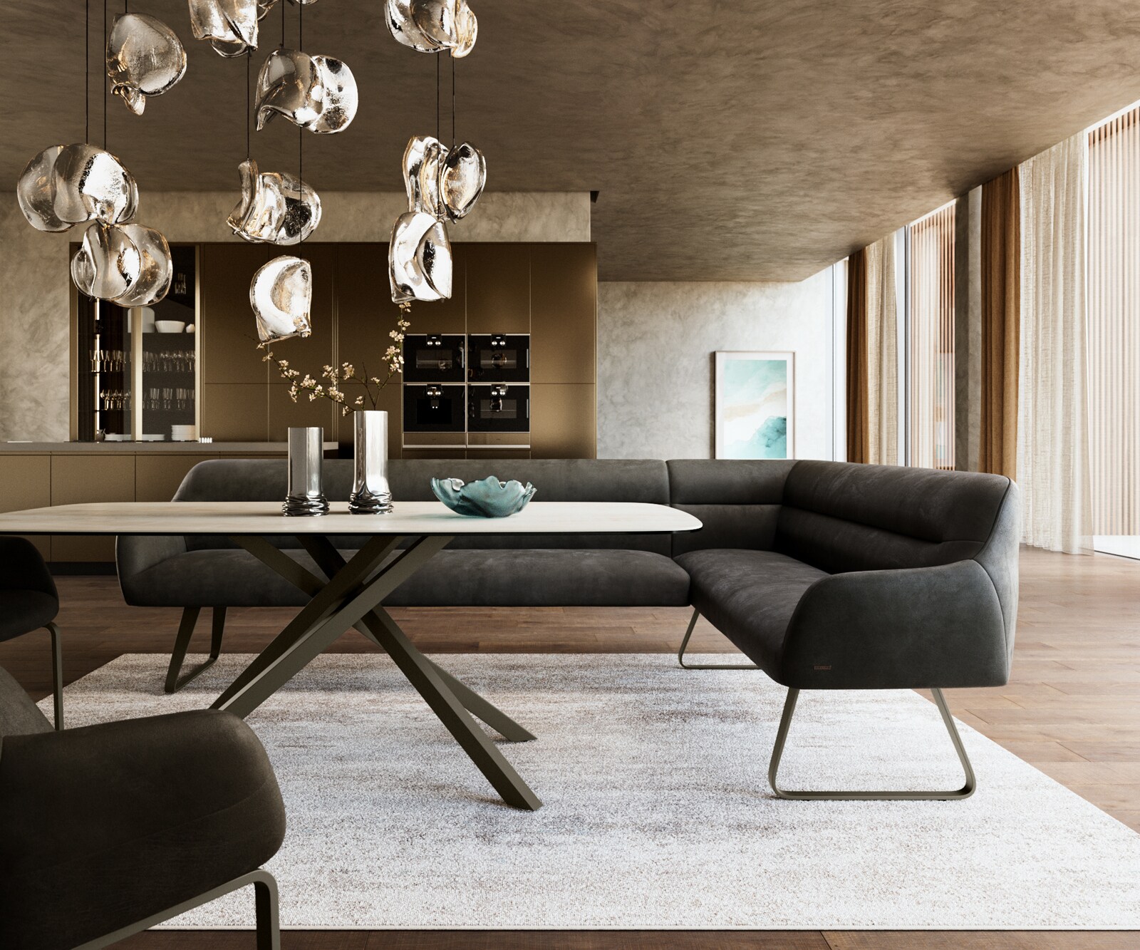 Esszimmerbank Taya-Flex 285x190 cm Mikrofaser Anthrazit Vintage Kufengestell flach Effektfinish Titan Taschenfederkern Links 2