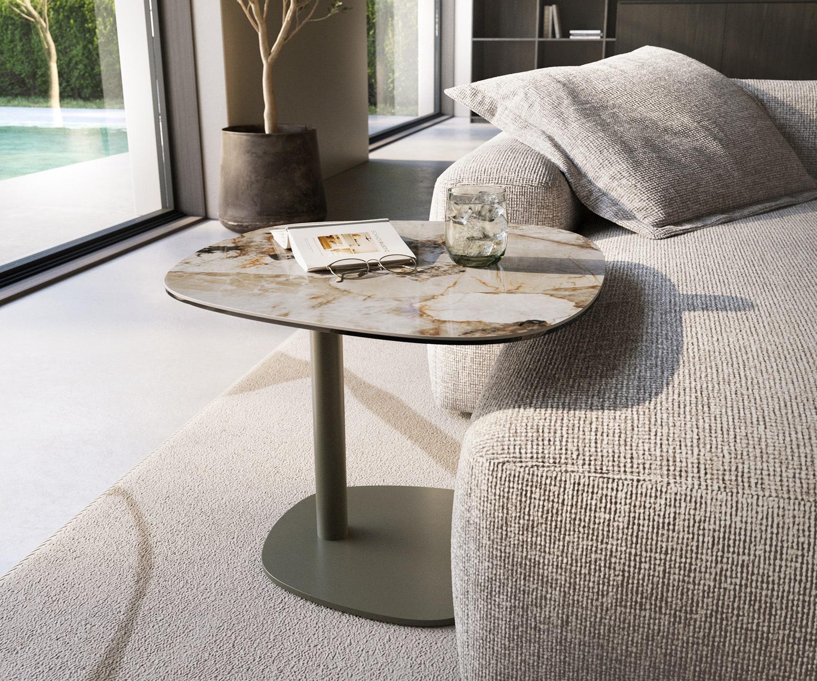 Beistelltisch Edge Boot 60x60 cm Keramik Patagonia Poliert Eleny Metall Effektfinish Titan