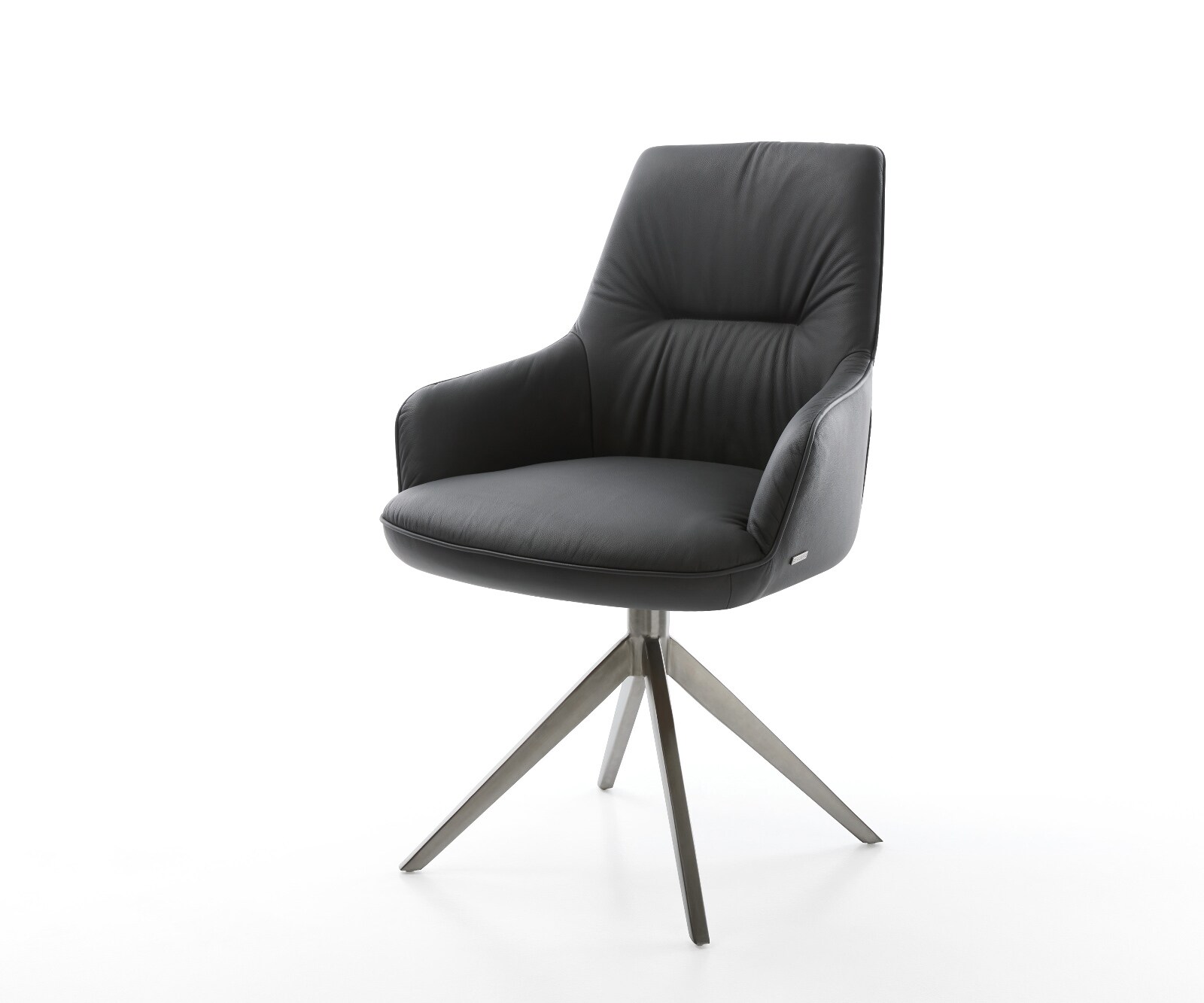 Chaise-pivotante Zelia-Flex avec accoudoirs cuir de vache noir pied croisé large grafiete pivotement sur 360° fonction bascule ressorts ensachés