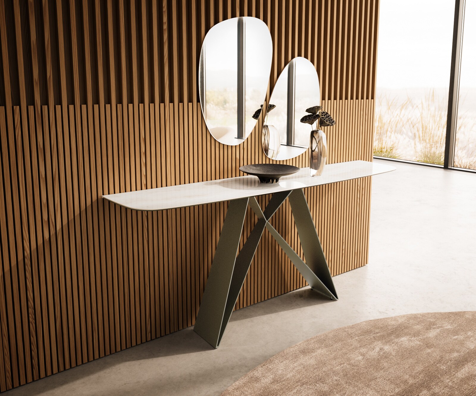 Konsolentisch Edge Boot 180x40 cm Keramik Onyx Champagne Velio Metall Effektfinish Titan 4
