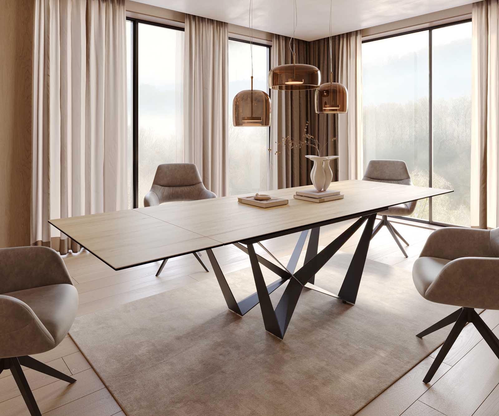 Esstisch Edge 200-300x100 Keramik Laminam® Sabbia Eichefarbig Spider Flachstahl Schwarz ausziehbar